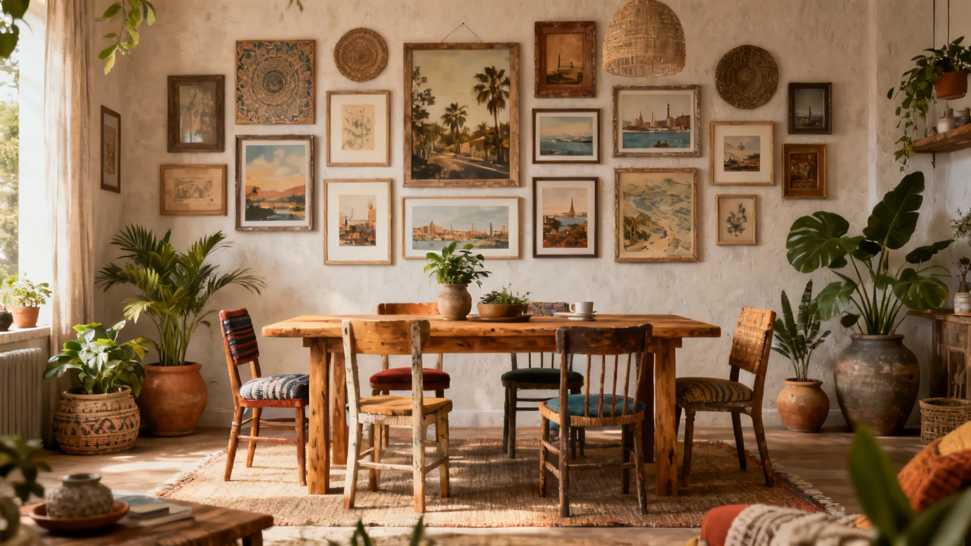 Boho dining room with an eclectic mix of frames and travel prints on the wall.