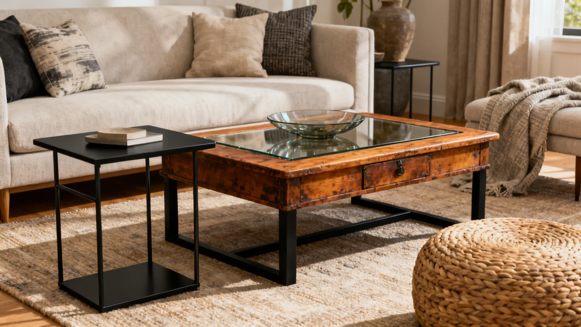 Curated living room with a vintage wooden table, metal side table, glass-top center, and woven ottoman in a warm palette.