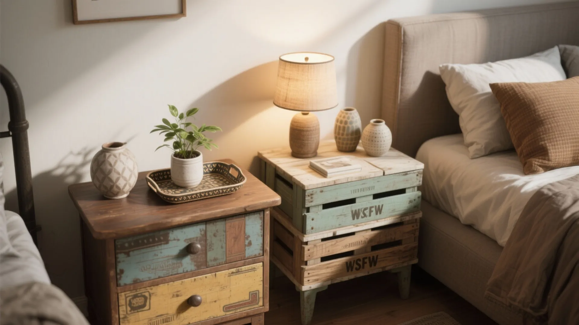 Rustic bedside table with table light small green plant and decorative vases next to comfortable bed