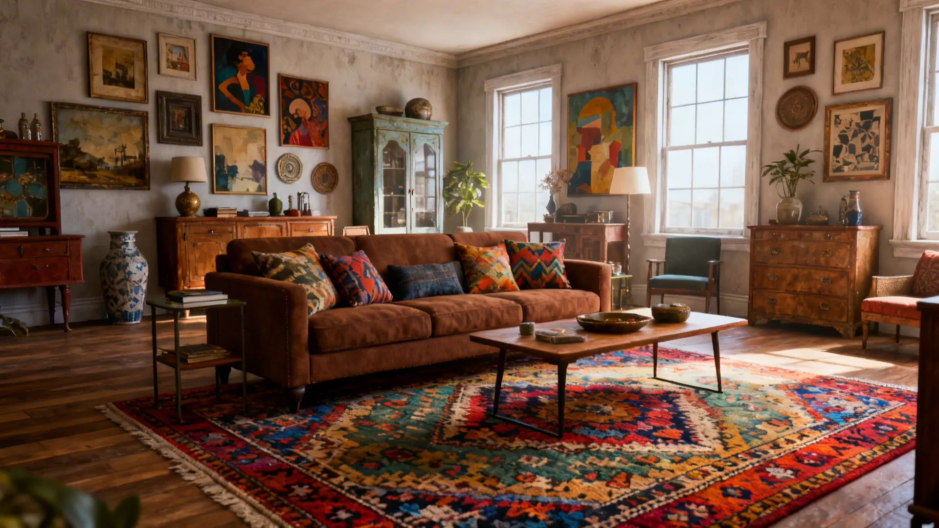 Living room with brown sofa colorful pillows a patterned rug and many framed wall pictures