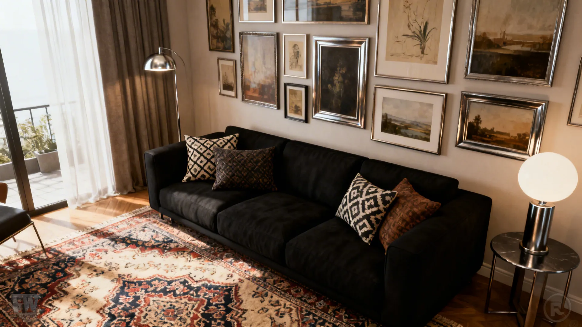 Black sofa with patterned cushions, Persian rug and a curated gallery wall with metallic accents.