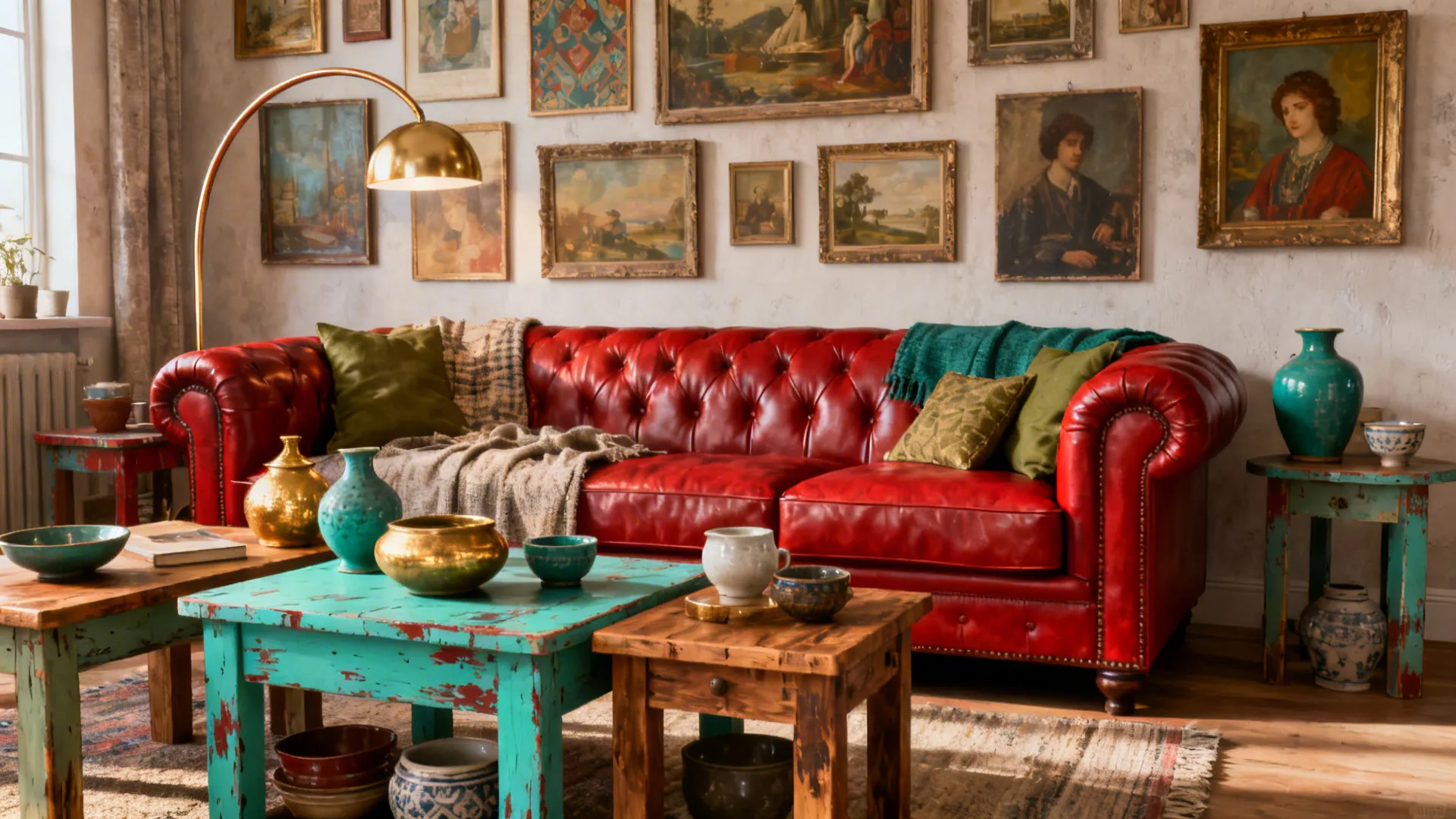 Eclectic living room with a red leather sofa, gallery wall of vintage frames, mismatched tables and a statement lamp.