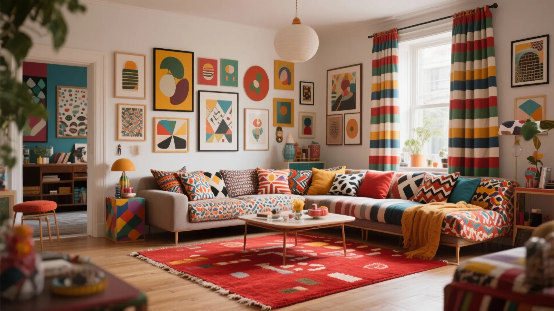 Eclectic living room with colorful gallery wall red rug patterned sofa cushions and striped curtains