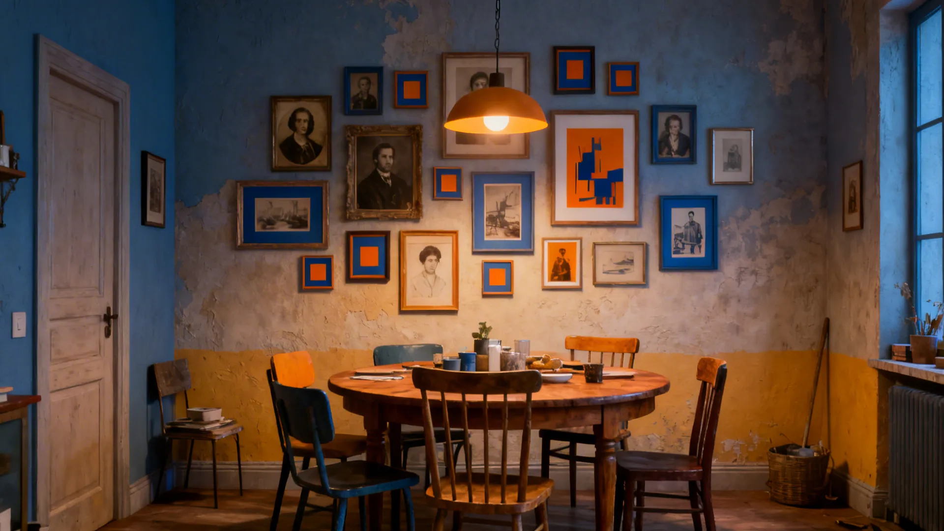 Small dining room with an eclectic salon wall mixing vintage portraits and modern prints, warm lighting.
