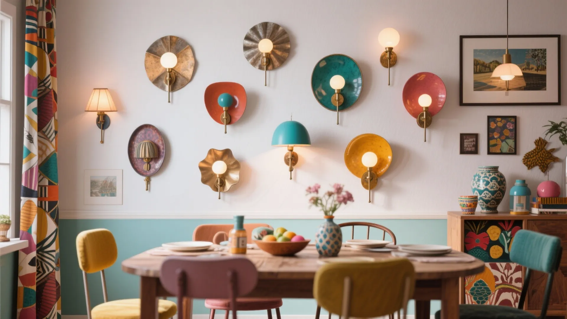 Dining room with mismatched but coordinated wall sconces