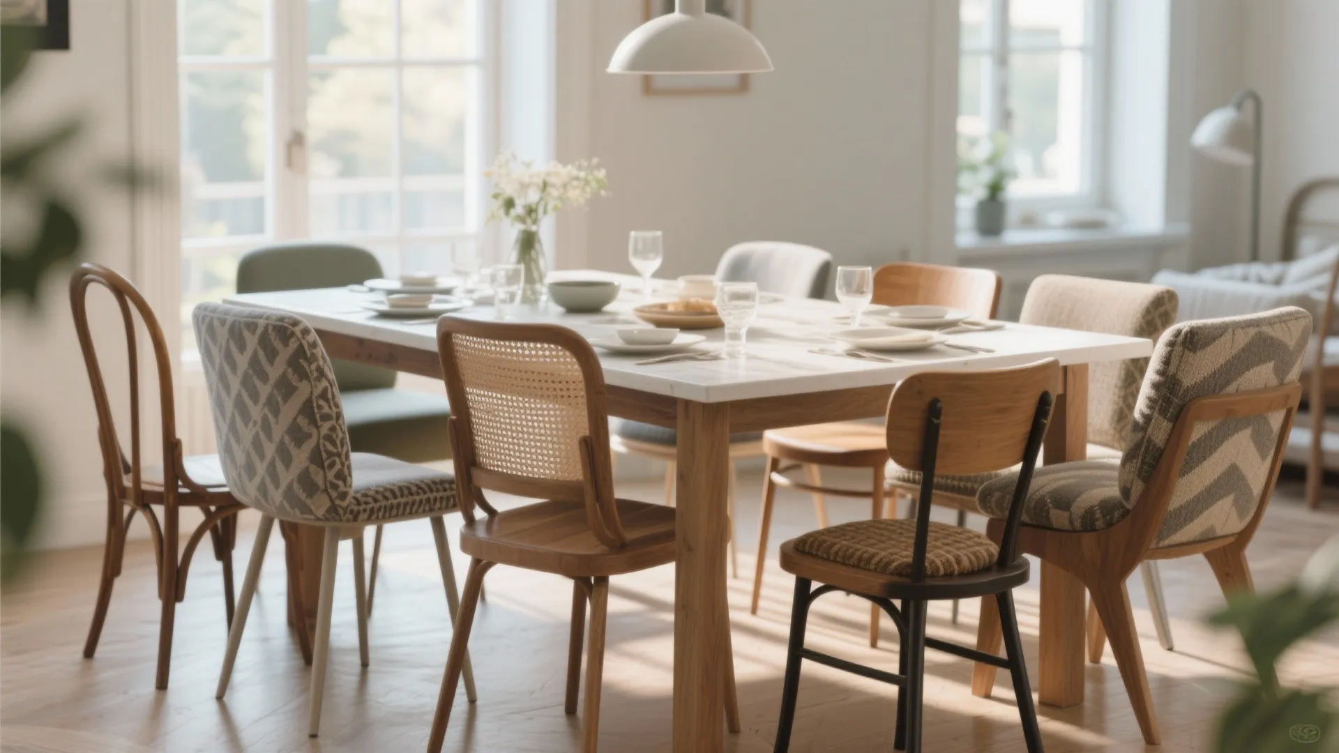 Modern dining table with mixed style chairs and white ceiling light in a bright sunlit room