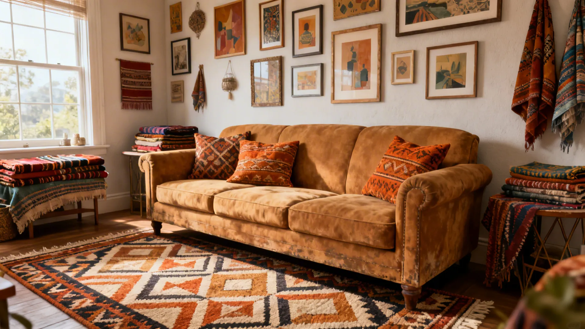 Eclectic living room with a vintage tan sofa, patterned cushions and a geometric rug