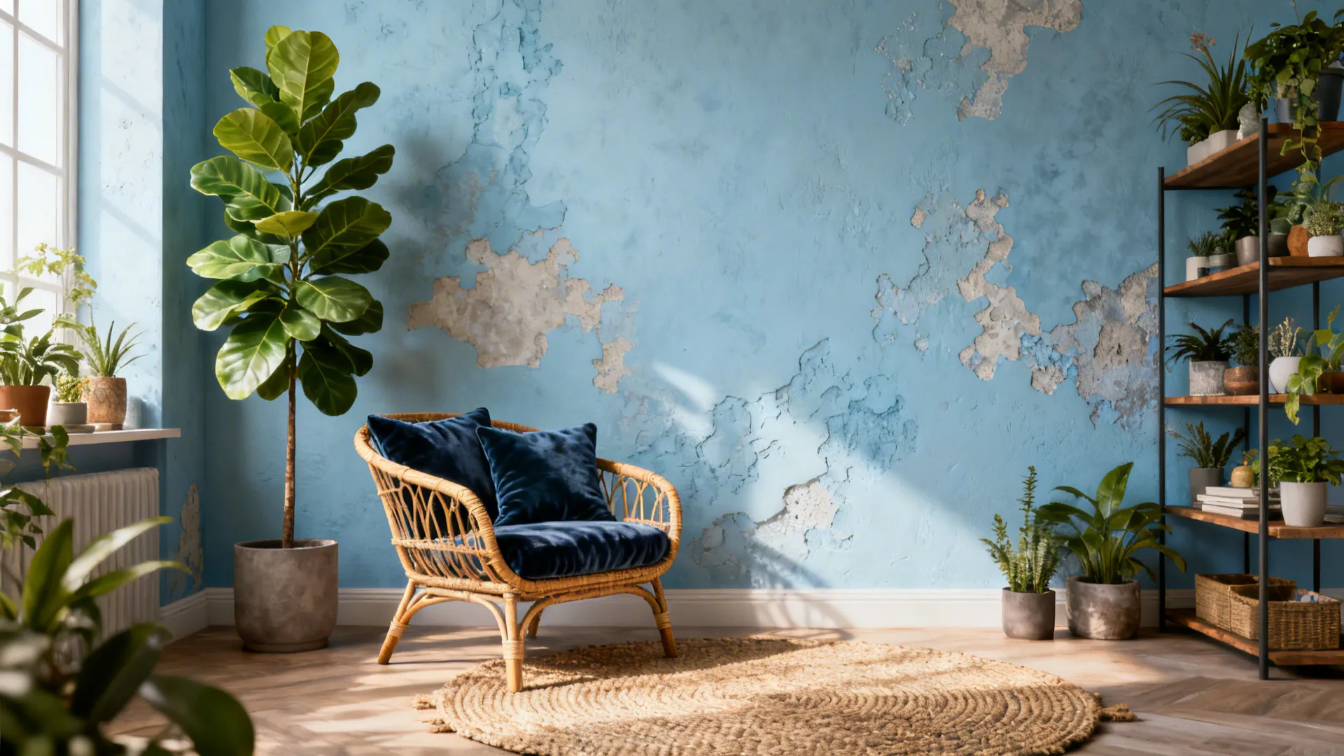 Eclectic living room with rattan, velvet cushions and a fiddle leaf fig against light blue walls