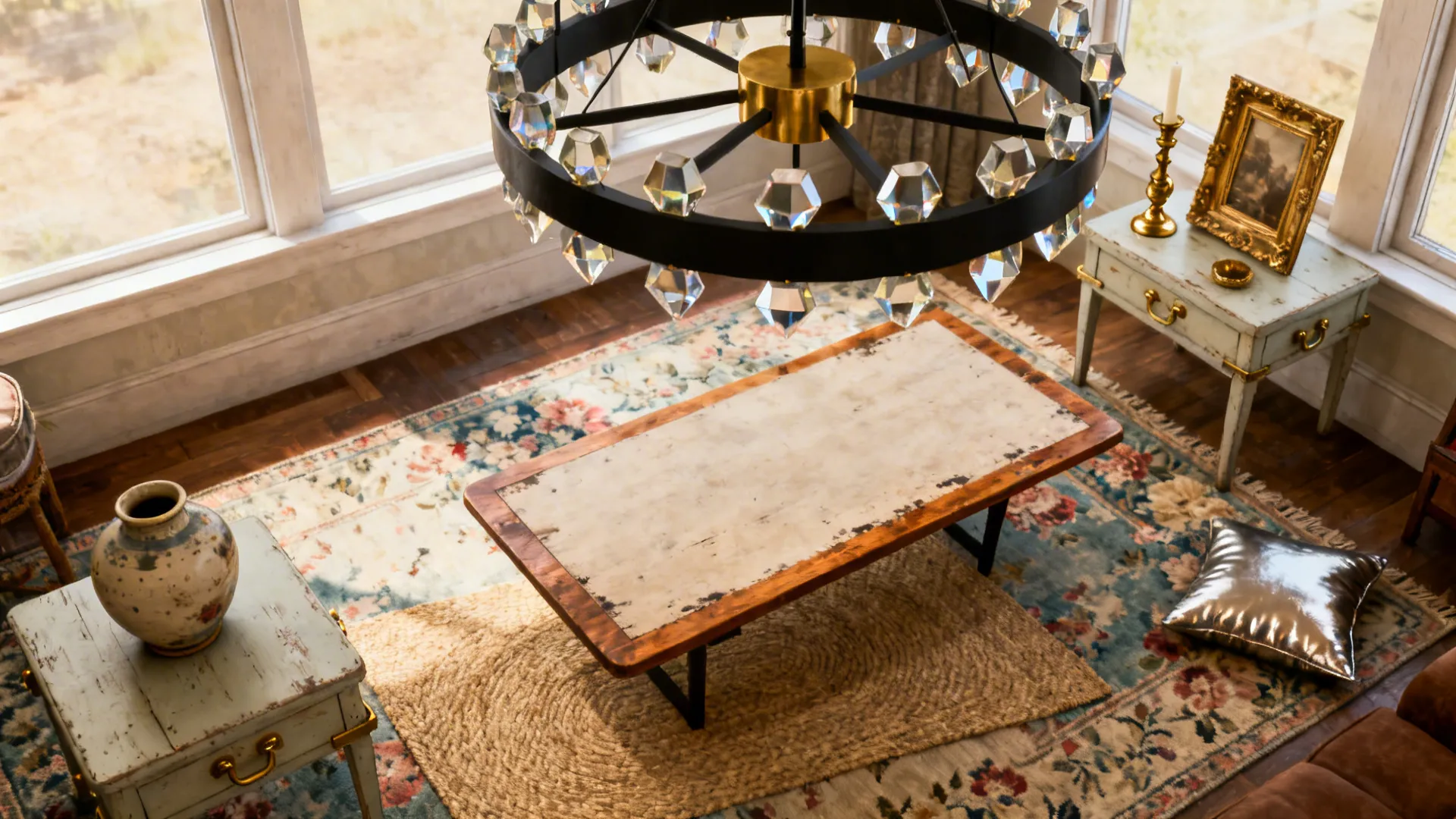Eclectic living room pairing a black-and-gold chandelier with vintage furniture and repeated gold accents.