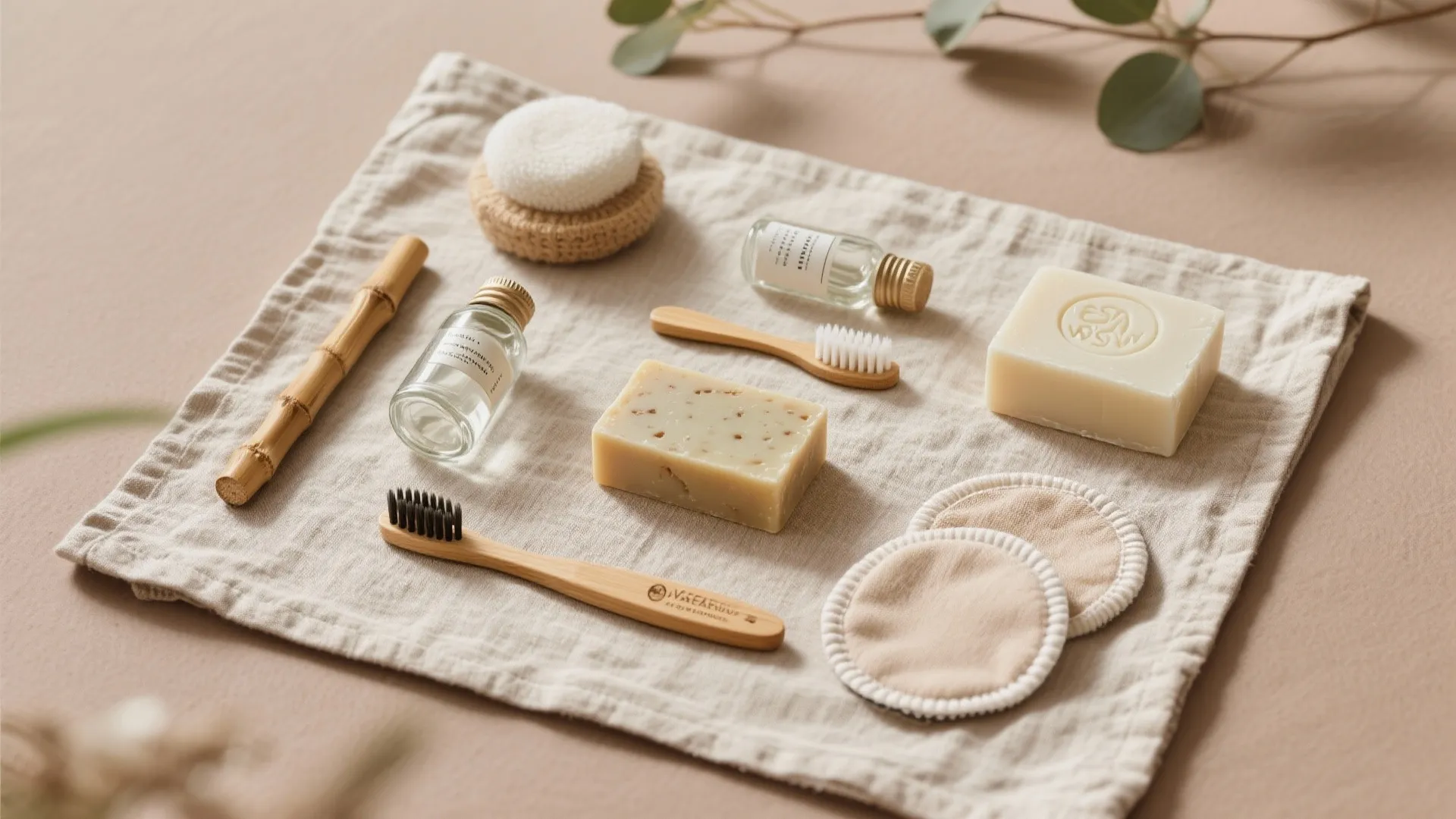 Sustainable bathroom products featuring wooden toothbrushes soap bars and cotton pads on a beige cloth