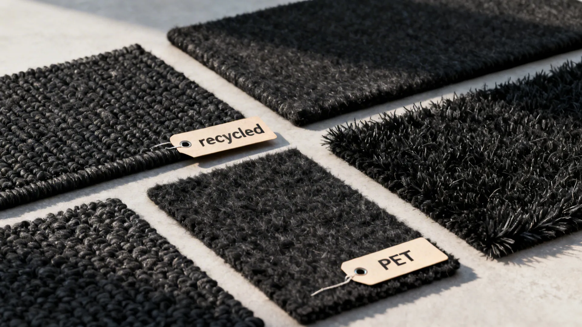 Flatlay of eco-friendly black rug samples including recycled wool and PET blends