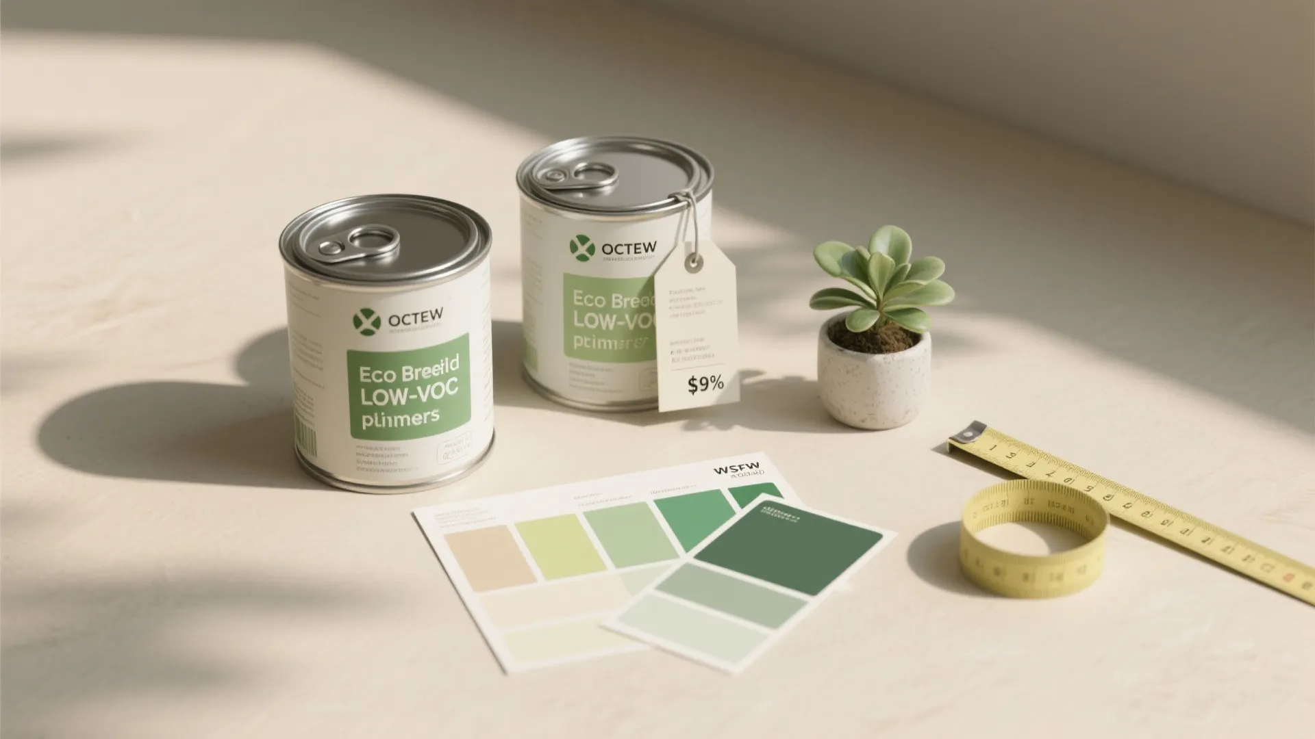 Two white paint cans with green labels next to color cards and a measuring tape