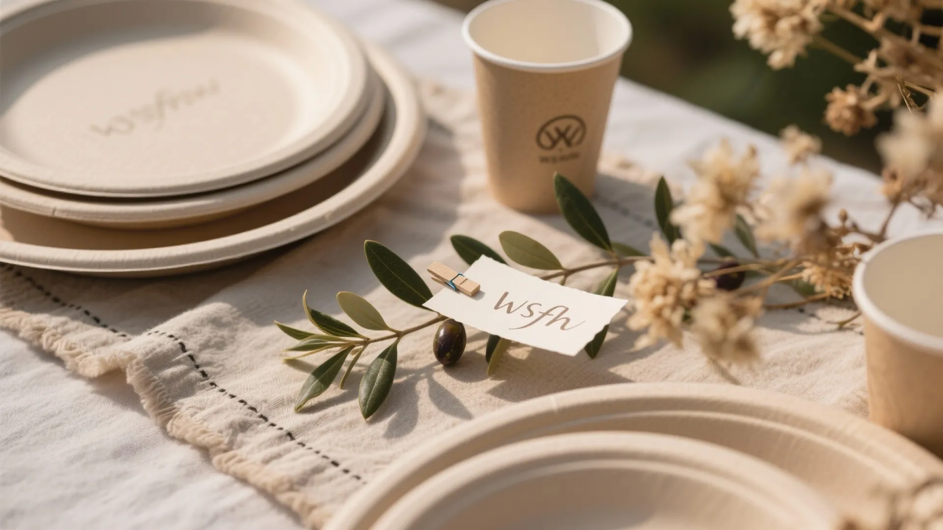 Eco friendly dining table setting with paper plates paper cups and small green leaf branch decoration