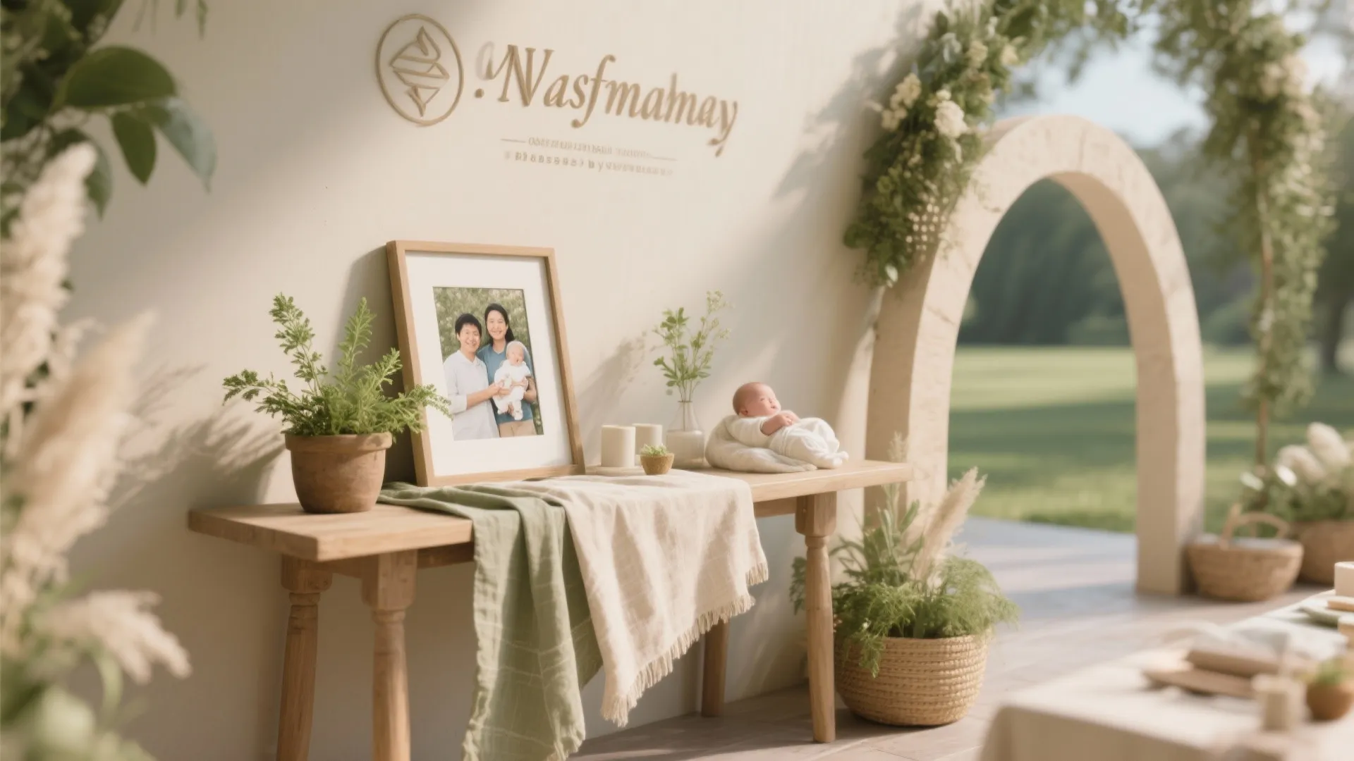 Outdoor event wooden table with family photo frame potted plants and light green table cloth
