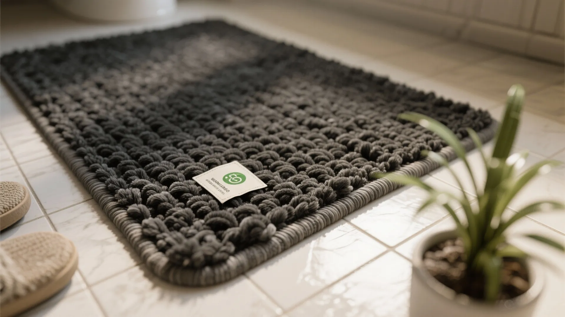 Dark grey textured rug on white floor tiles with small green plant and white paper label