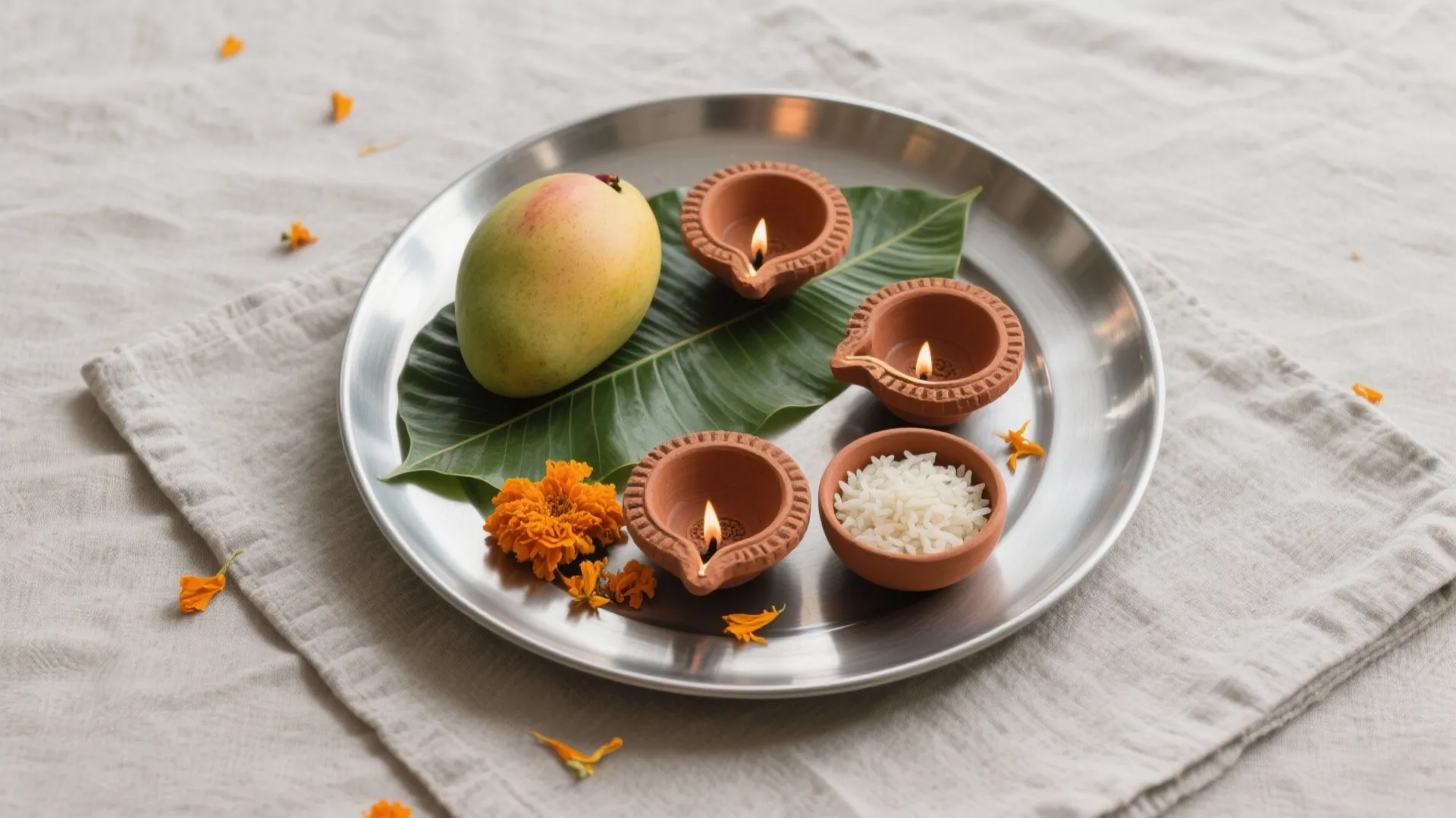 Eco-friendly thali with clay diyas and reusable metals