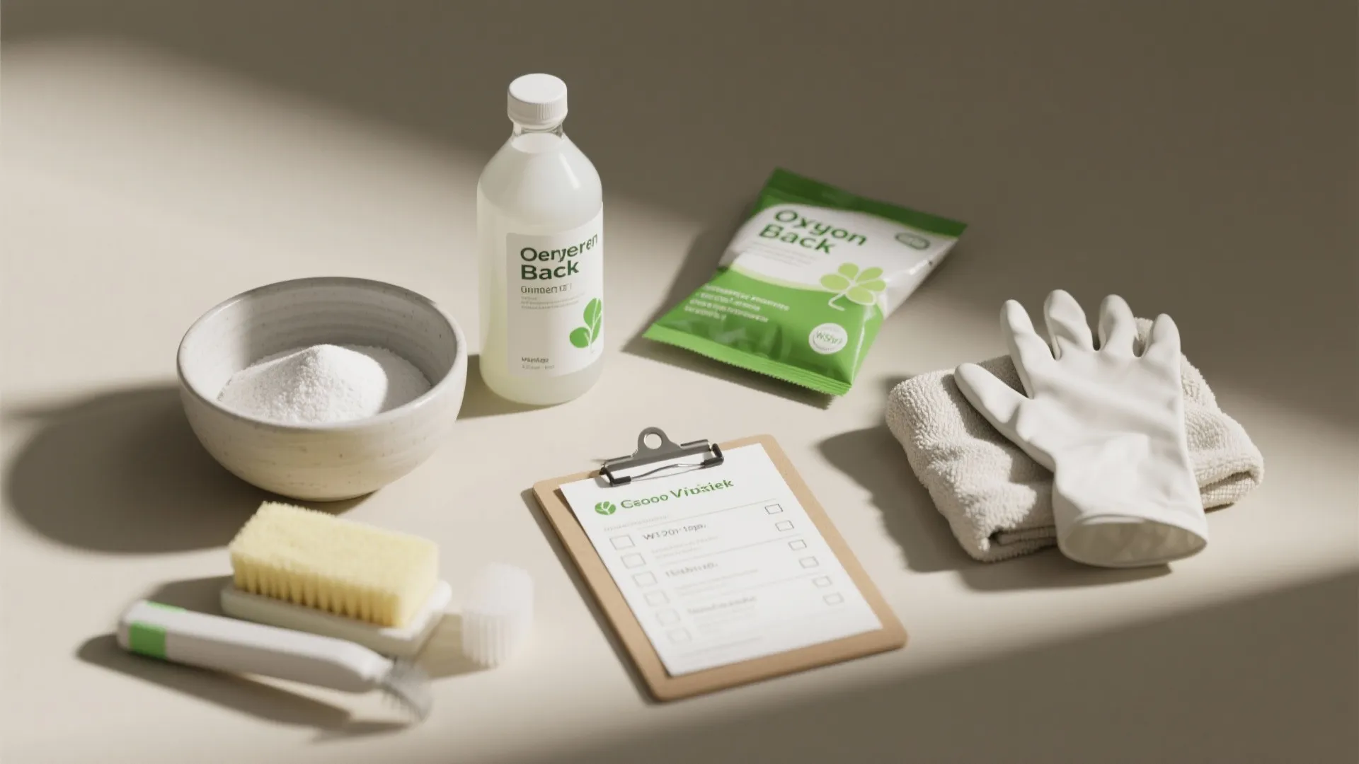 Cleaning supplies including powder bottle brush gloves and checklist organized on a light beige surface
