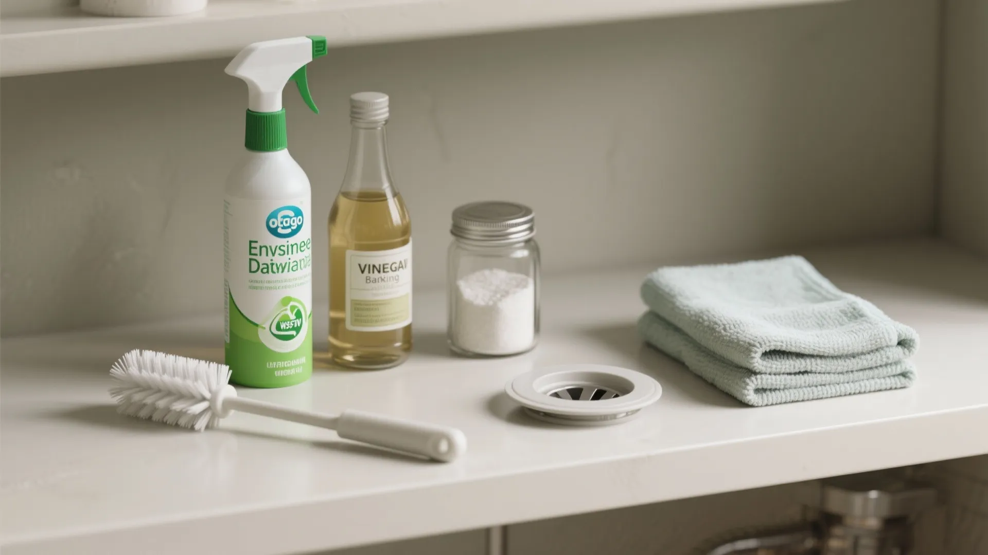 Enzymatic cleaner, drain brush and eco-friendly products for bathroom maintenance displayed neatly