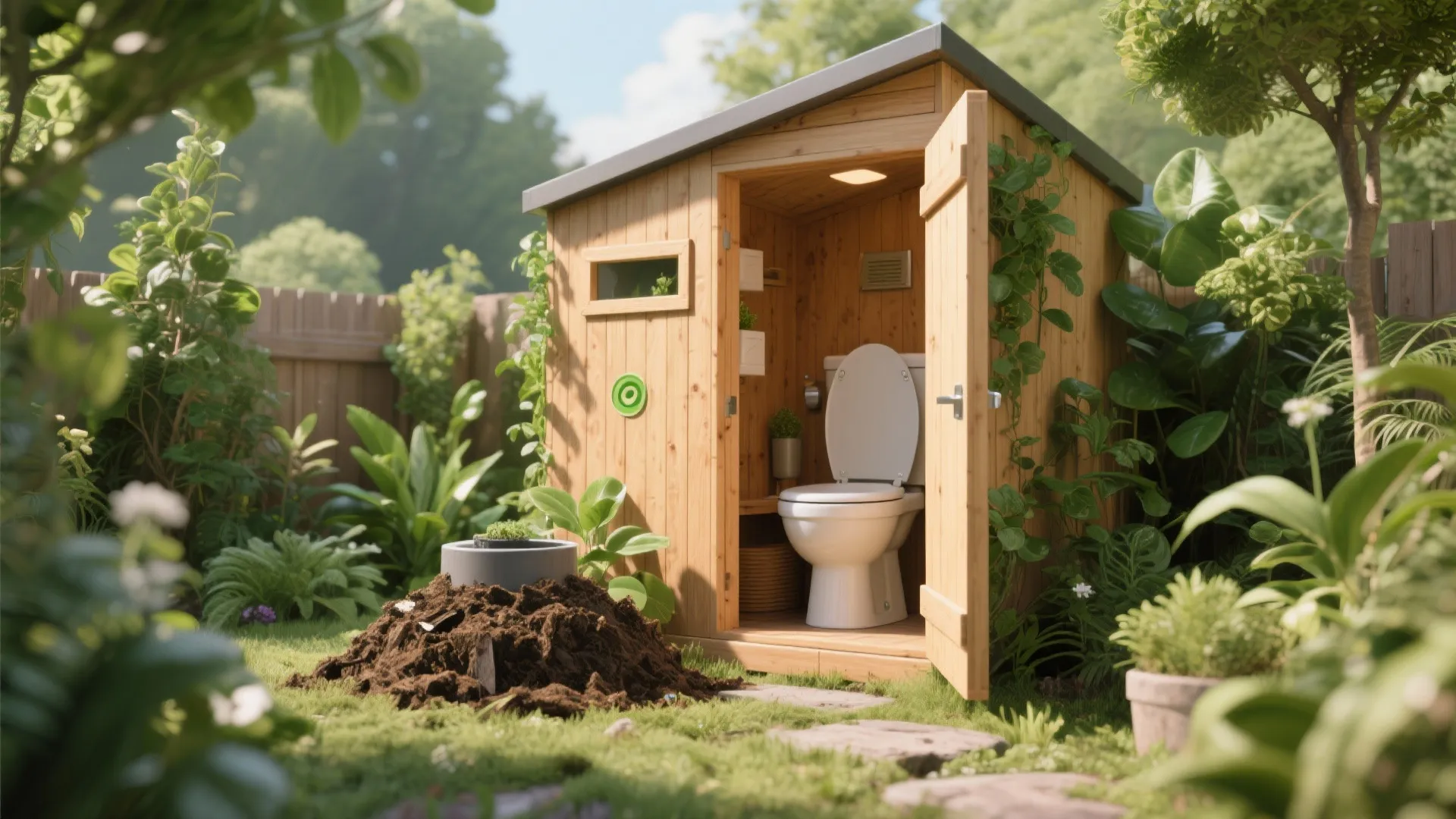 Small wooden outdoor garden shed containing a white toilet surrounded by green plants and soil