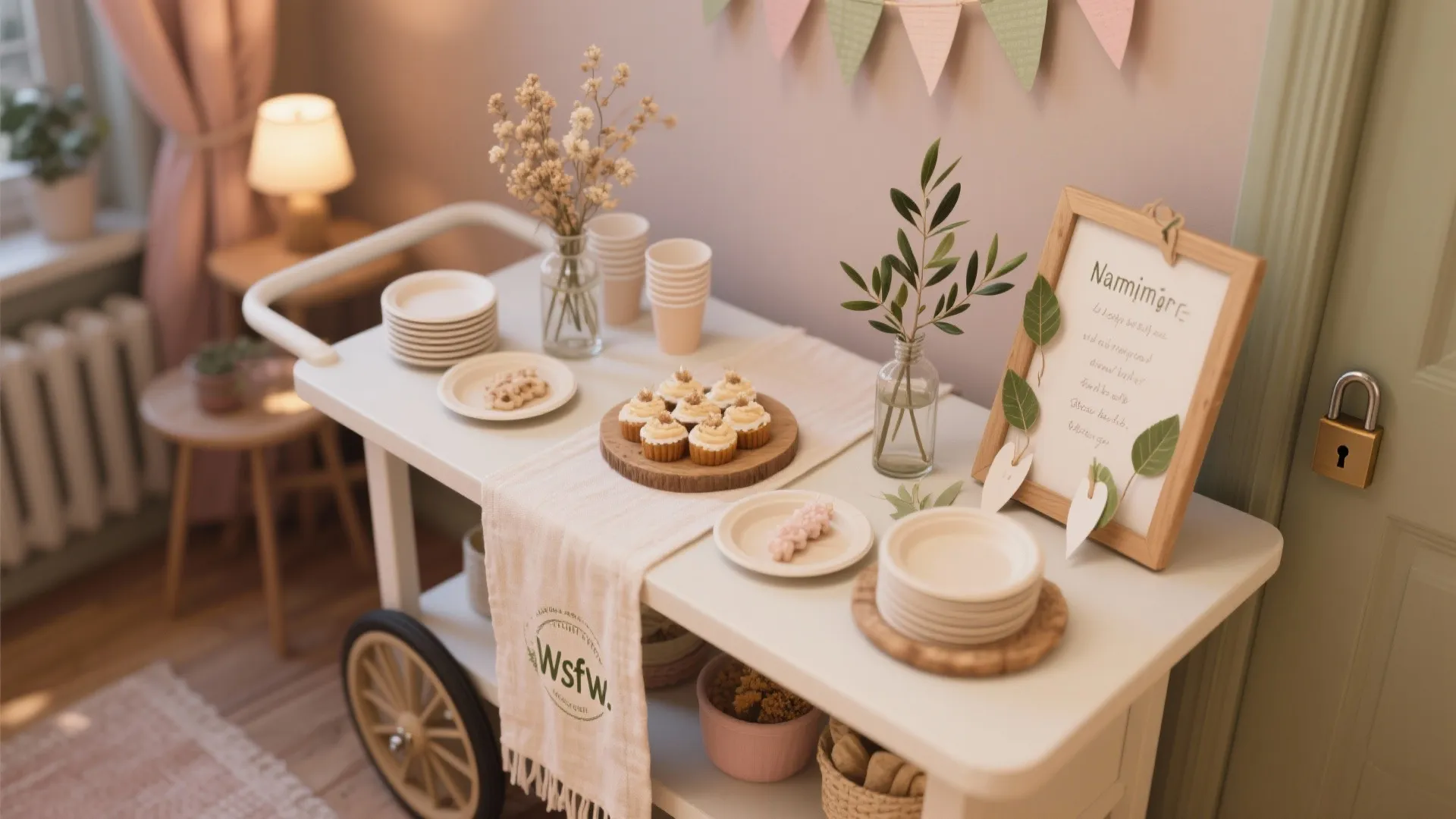 White serving cart with cupcakes paper plates plants and a small table lamp in background