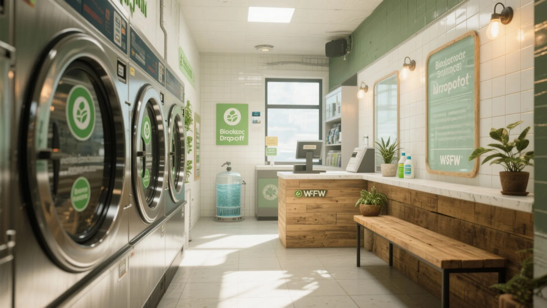 Interior of laundry shop showing washing machines wood counter wooden bench and green wall tile design