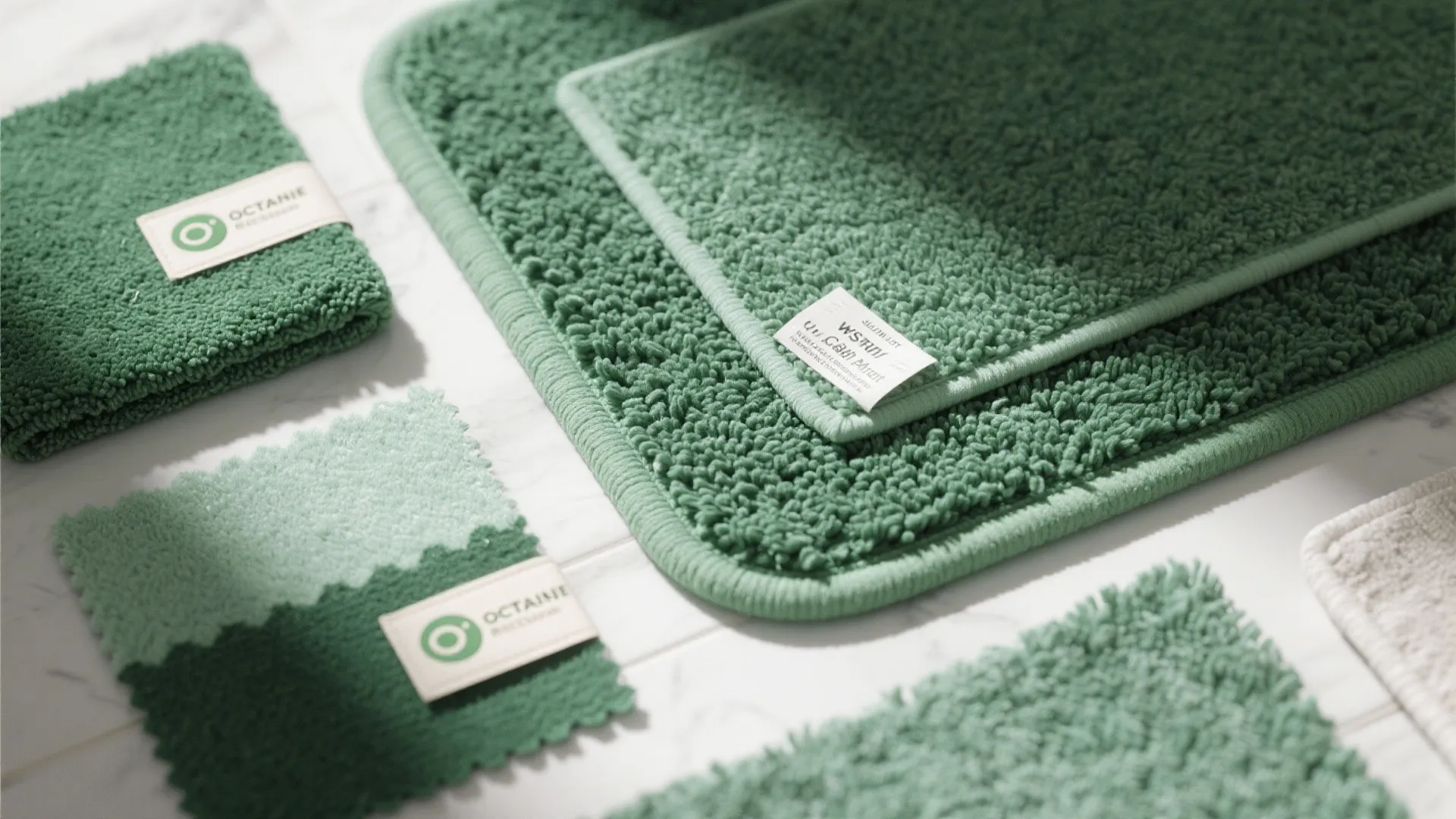 Various green fabric samples and soft rugs with white labels placed on a bright surface