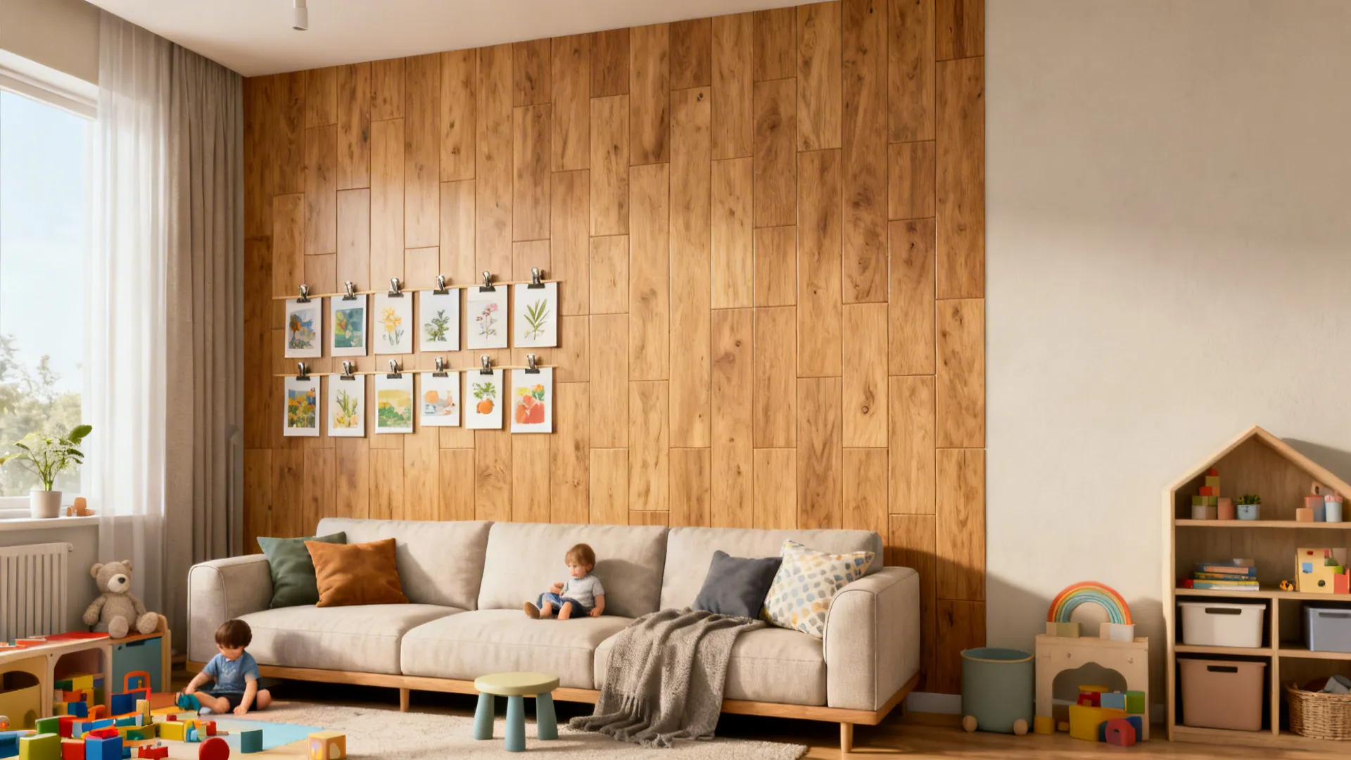 Engineered wood tile feature wall with matte natural oil finish and family art clips.