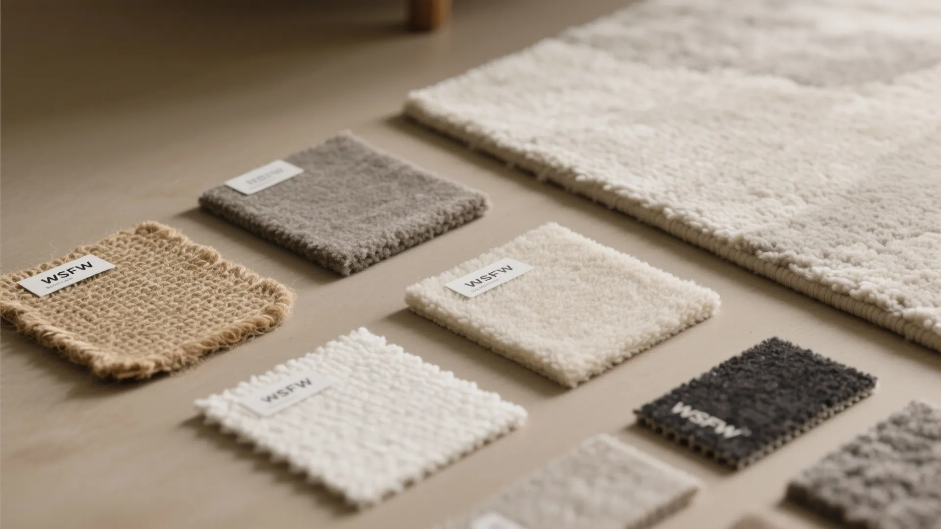 Flatlay of neutral carpet swatches in wool blends and solution-dyed nylon with a breathable rug pad sample.