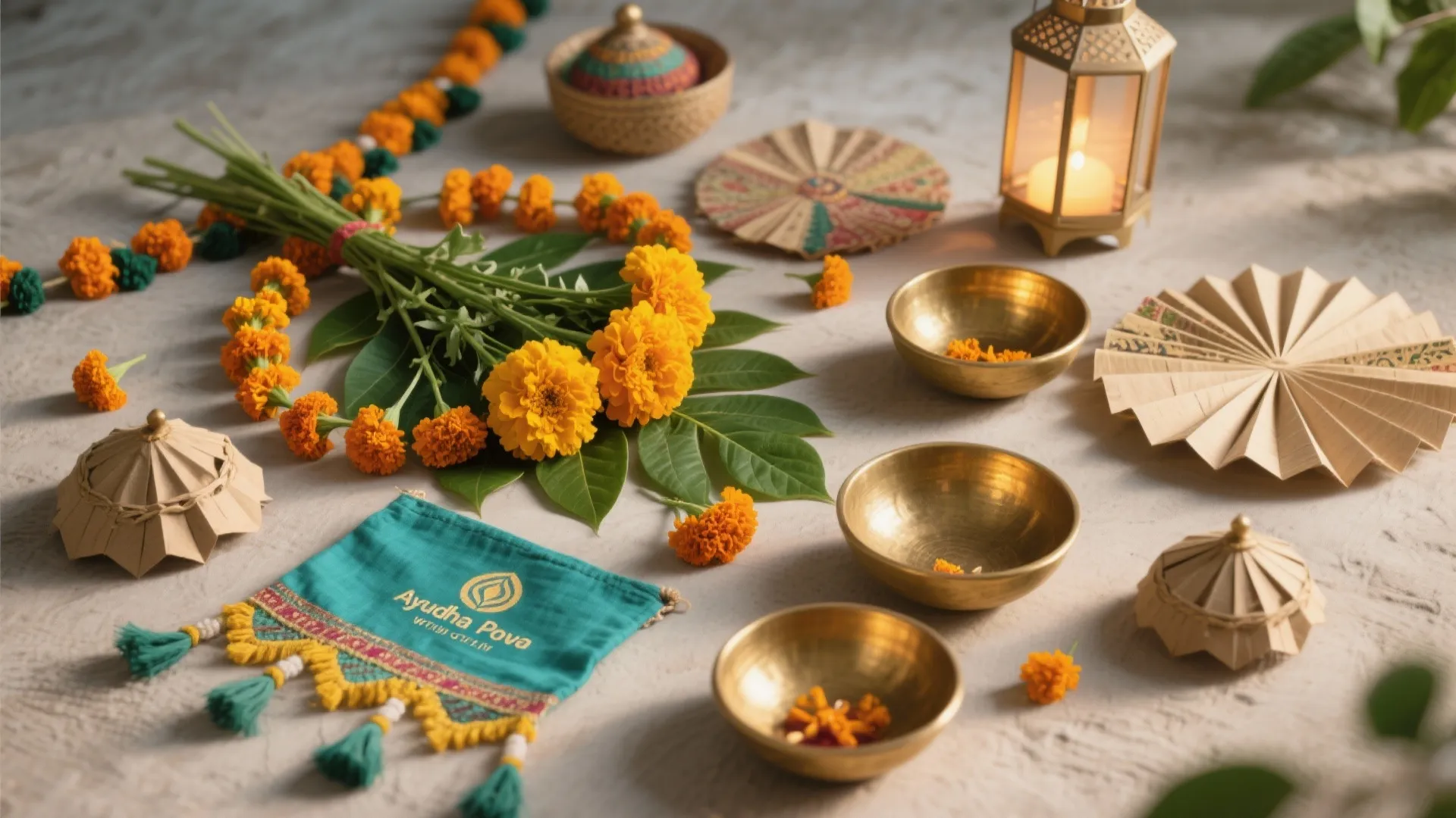 Flat lay with yellow marigold flowers brass bowls green pouch small lantern and folded paper fans