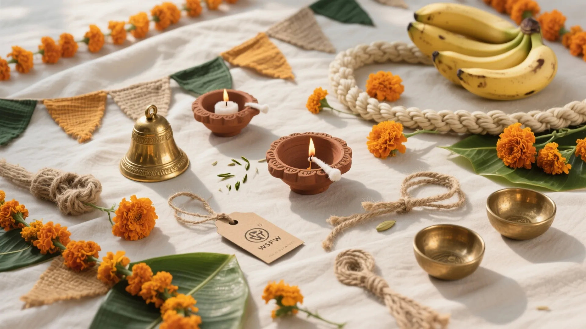 Flat lay on white cloth showing clay lamps brass bell bananas orange flowers and rope