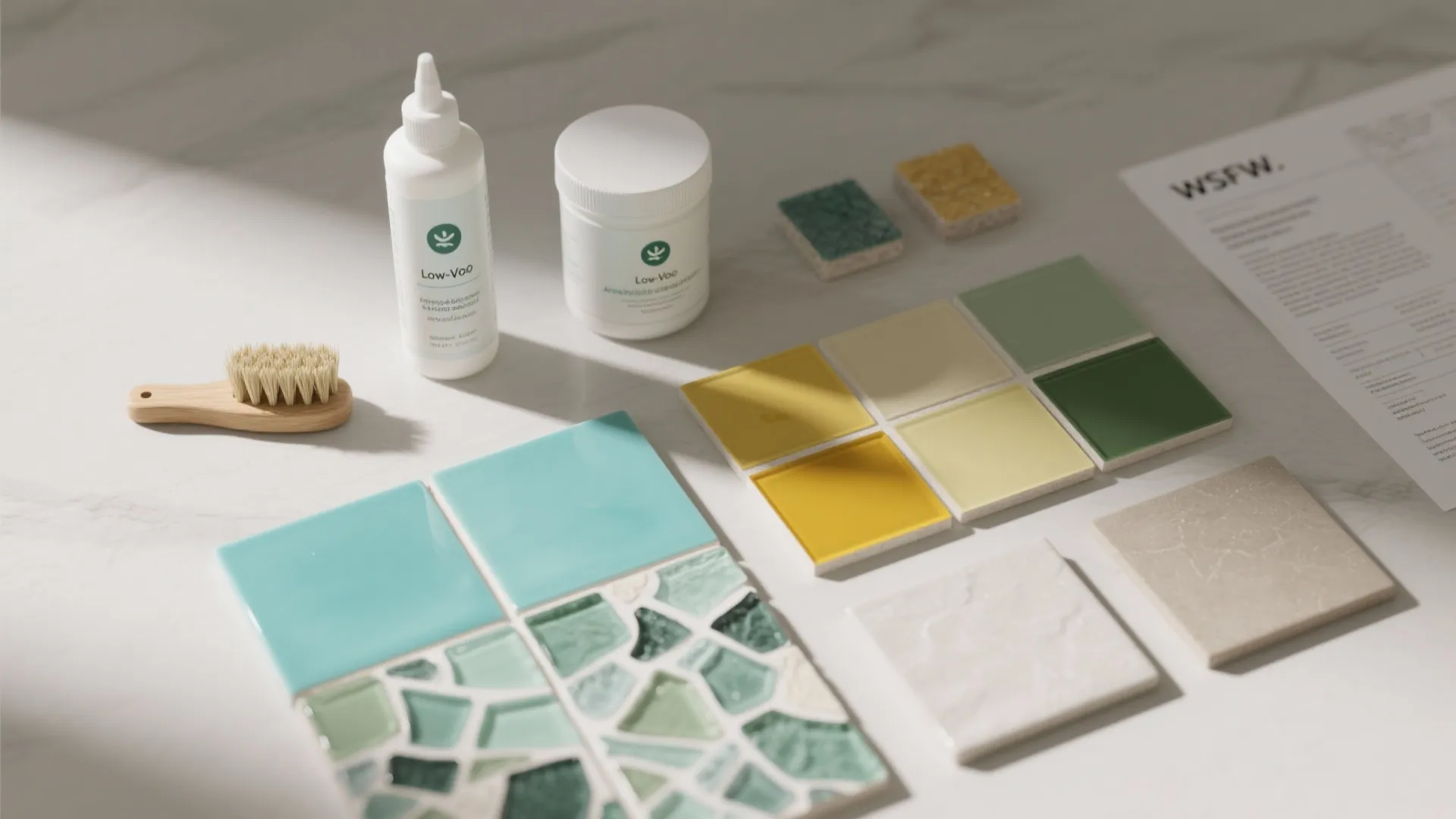 Interior design material layout with green and yellow tiles beside white cleaning bottles and brush