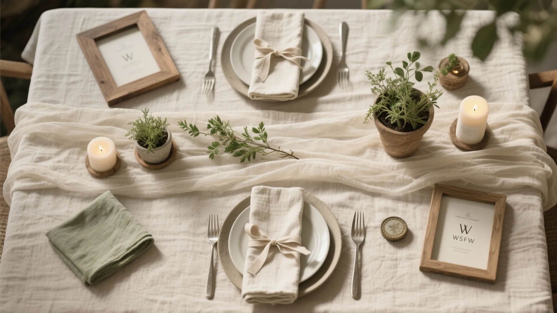 Dining table setting with white linen cloth plates napkins candles green plants and wooden picture frames