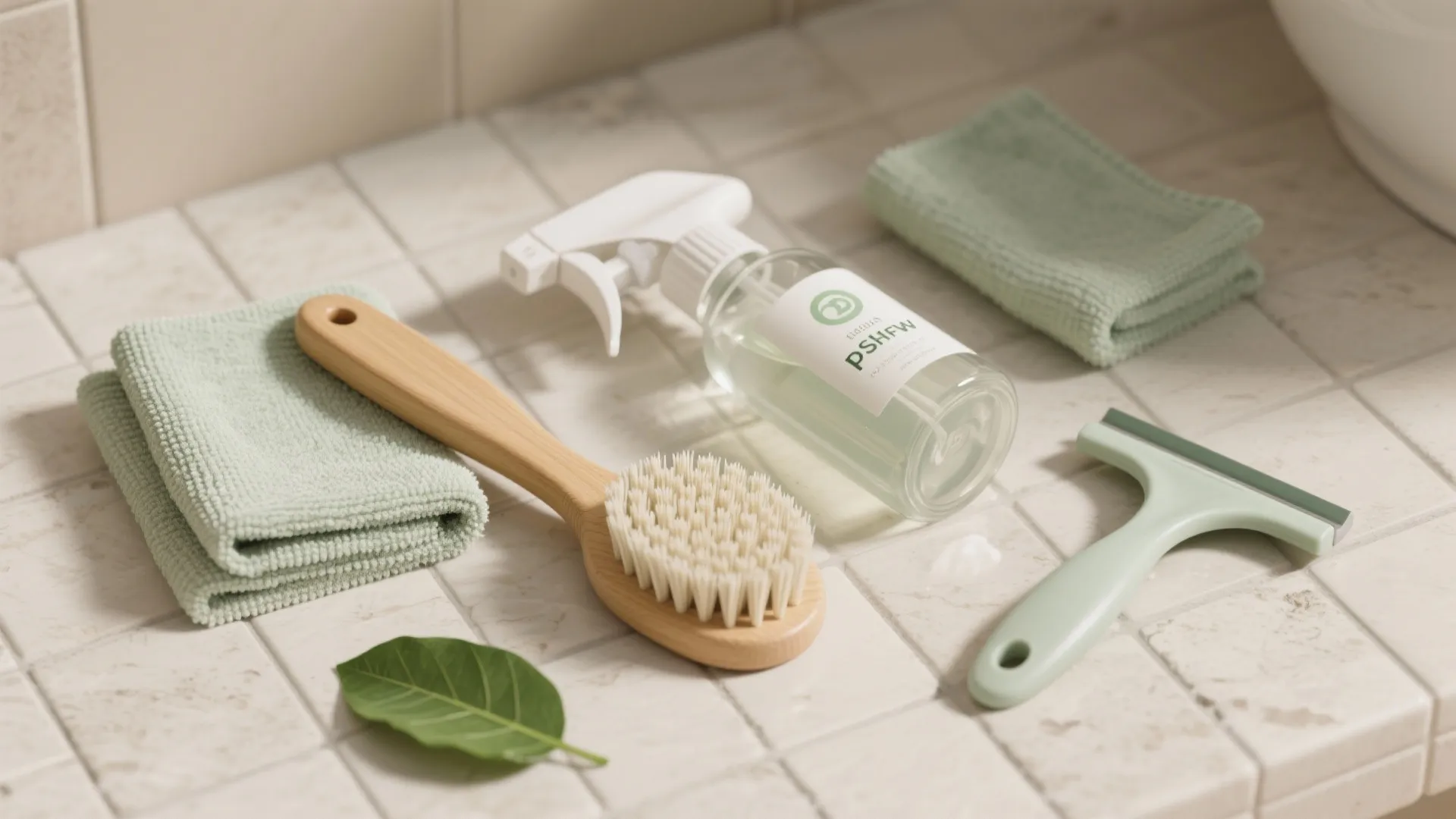 Eco-friendly flat lay with recycled nylon brush, pH-neutral cleaner, microfiber, and a squeegee.