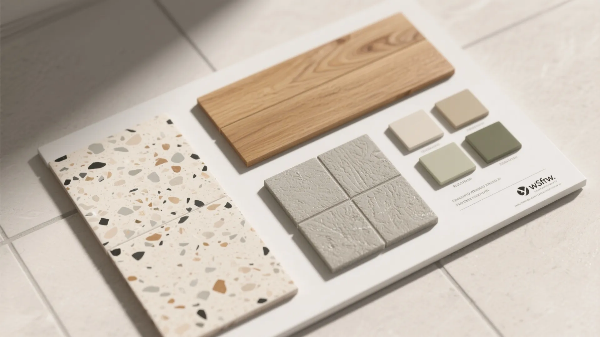 Interior design material board with wood planks terrazzo tiles textured grey tiles and color swatches