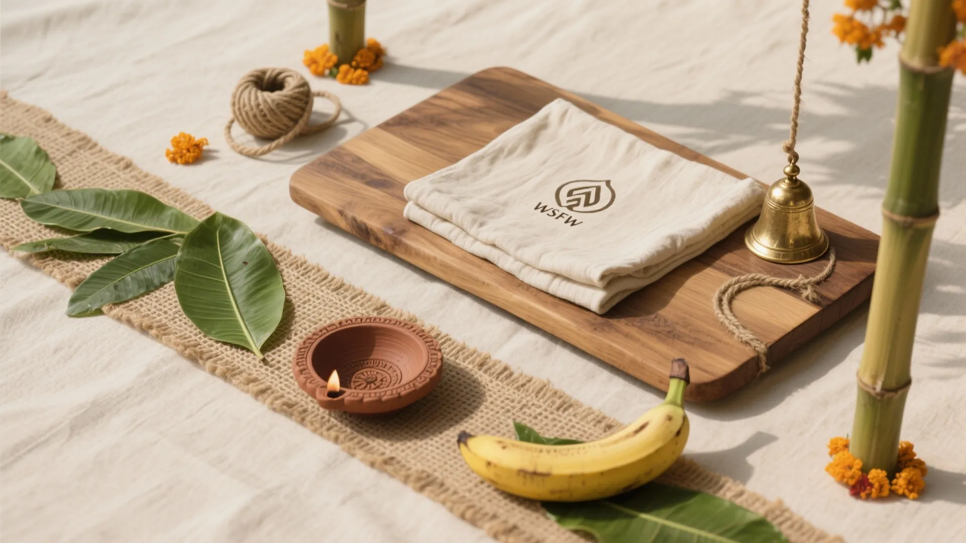 Top-down eco-friendly mandap materials: jute, banana leaves, unbleached cotton, pine wood, bamboo mat, clay diyas and brass accents.