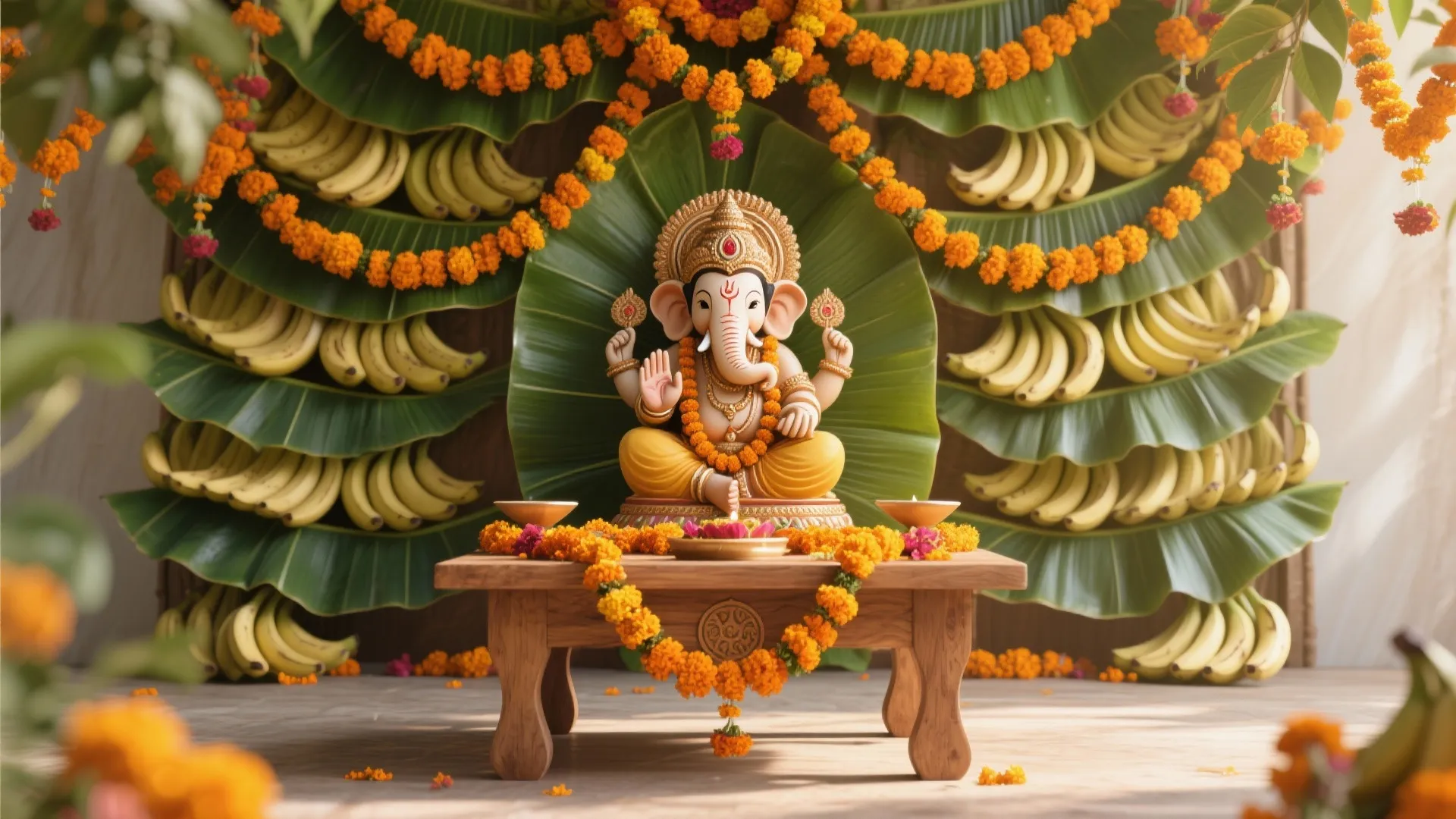 Ganesha statue on wooden table with orange flower garlands and banana leaves background for festive decoration