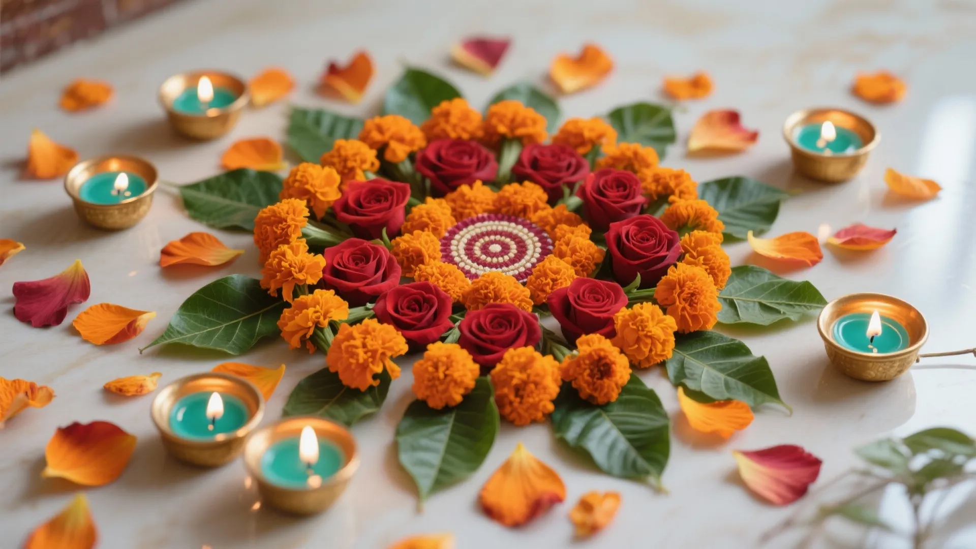 Eco-Friendly Floral Rangoli with Leaf Accents