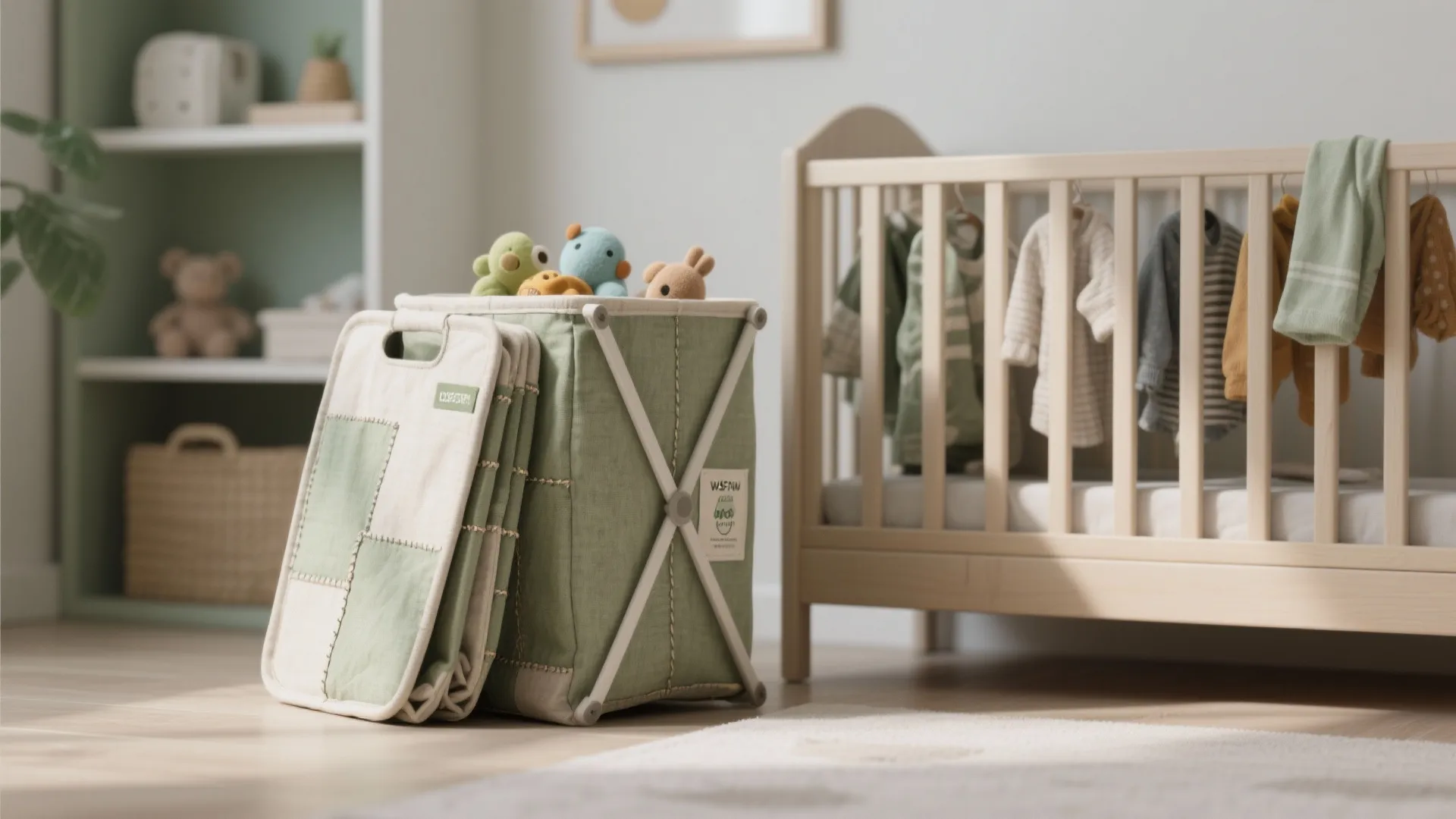 Foldable green laundry basket with plush toys next to a baby bed in a nursery