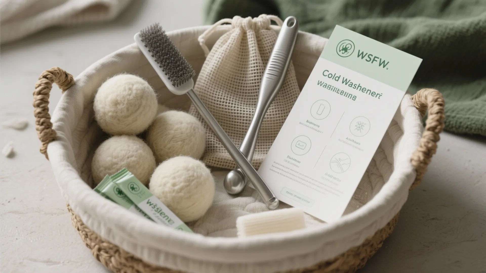 Eco friendly laundry set in woven basket with wool dryer balls brushes and instruction card info