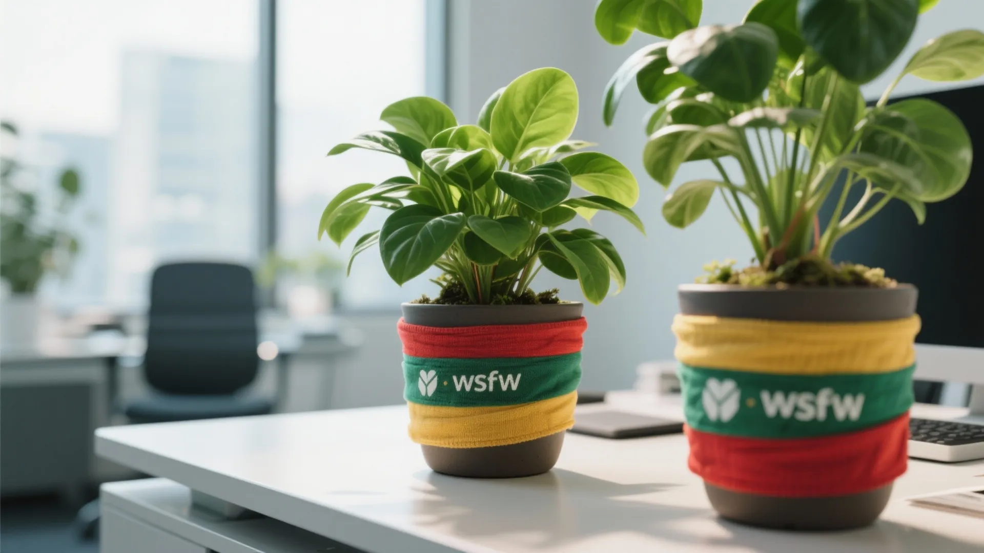 Two green potted plants on a white desk with decorative colorful fabric bands in office