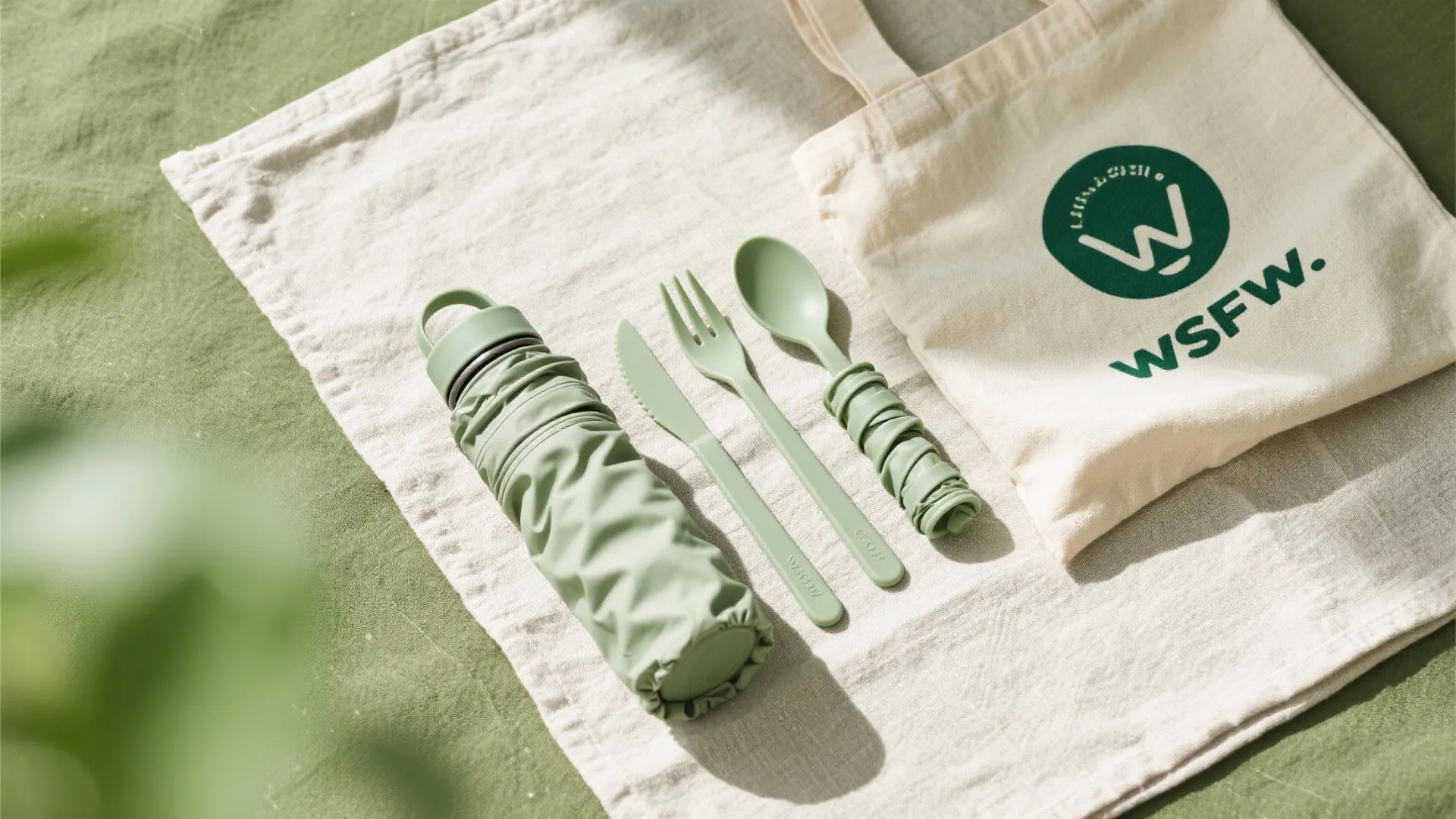 Eco friendly travel set with green reusable water bottle fork spoon knife and canvas tote bag
