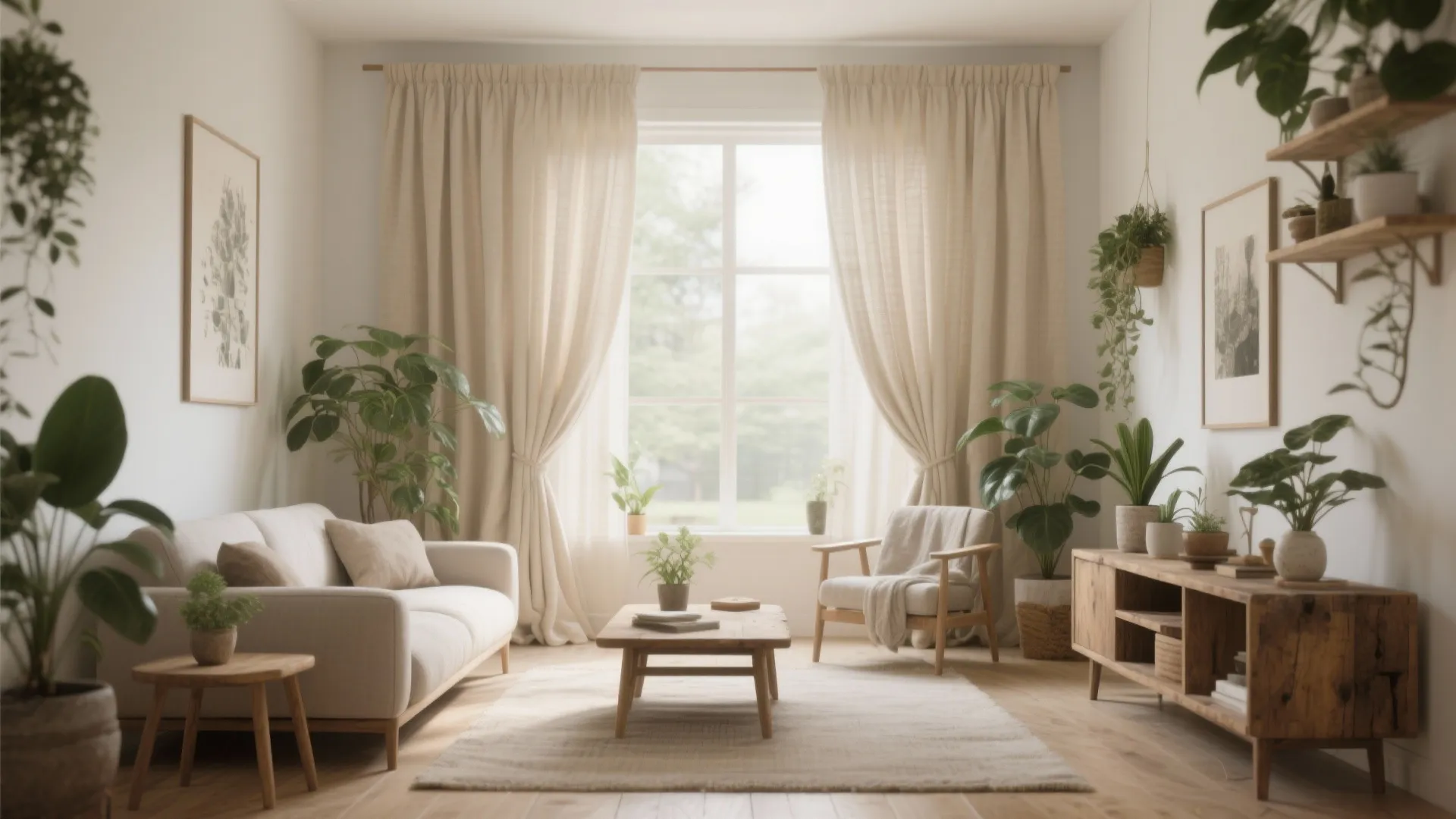 Bright living room with light curtains green plants white sofa wooden cabinet and natural sun light