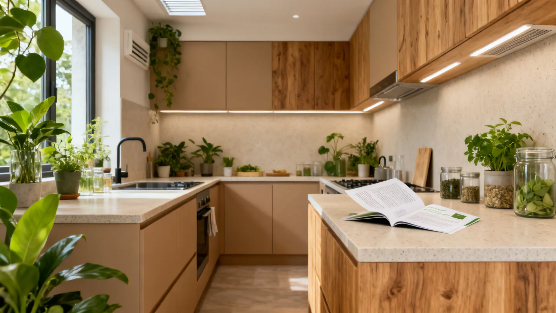 Eco-friendly compact kitchen with low-VOC finishes, FSC wood accents, and efficient LED lighting.