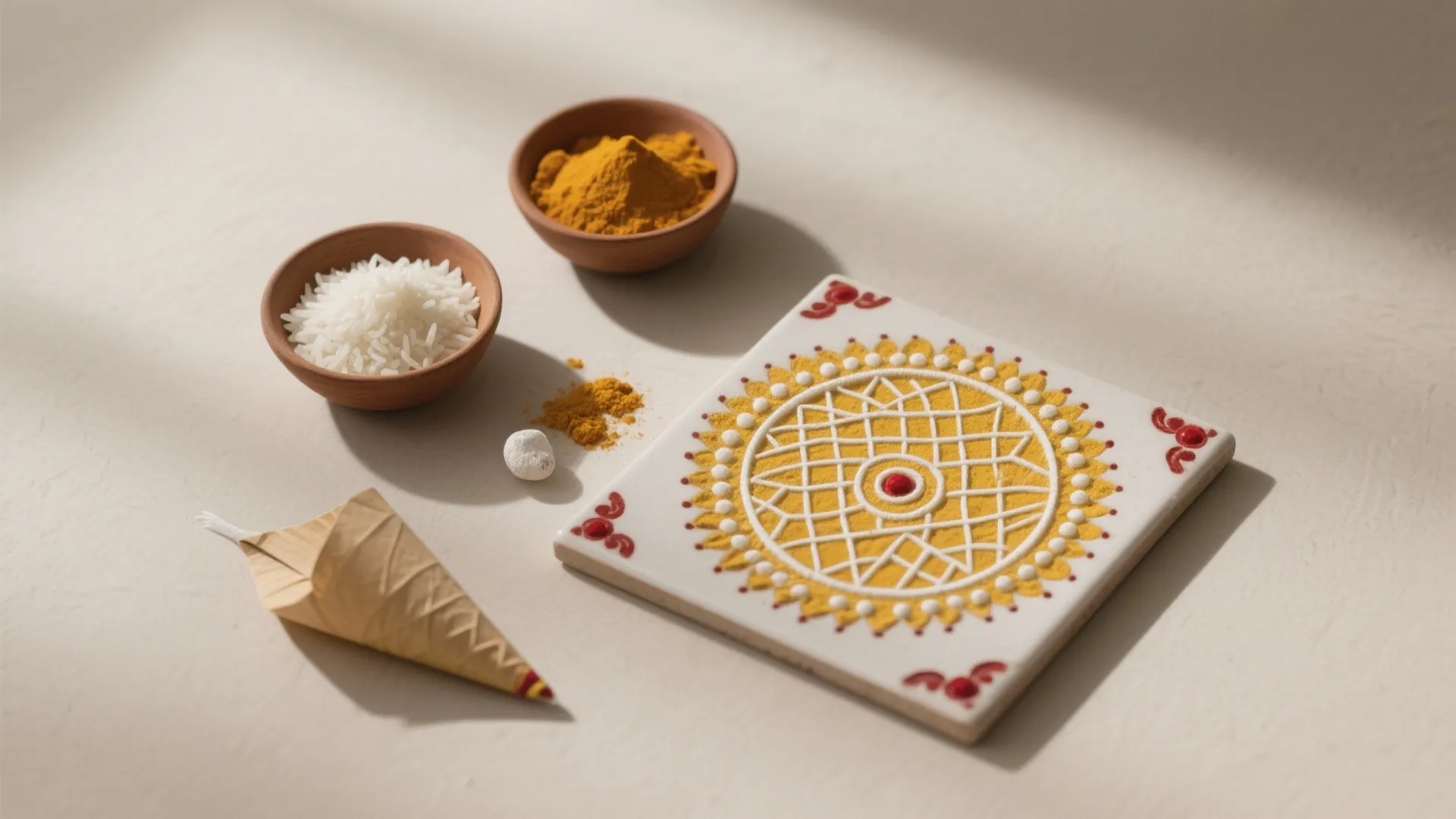 Eco-Friendly Kolam with Rice Flour, Turmeric, and Kumkum