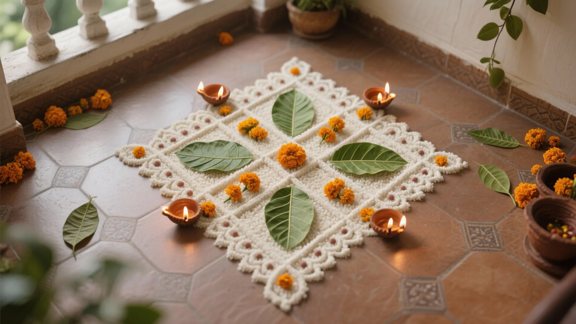 Eco-Friendly Kolam with Leaves and Petals