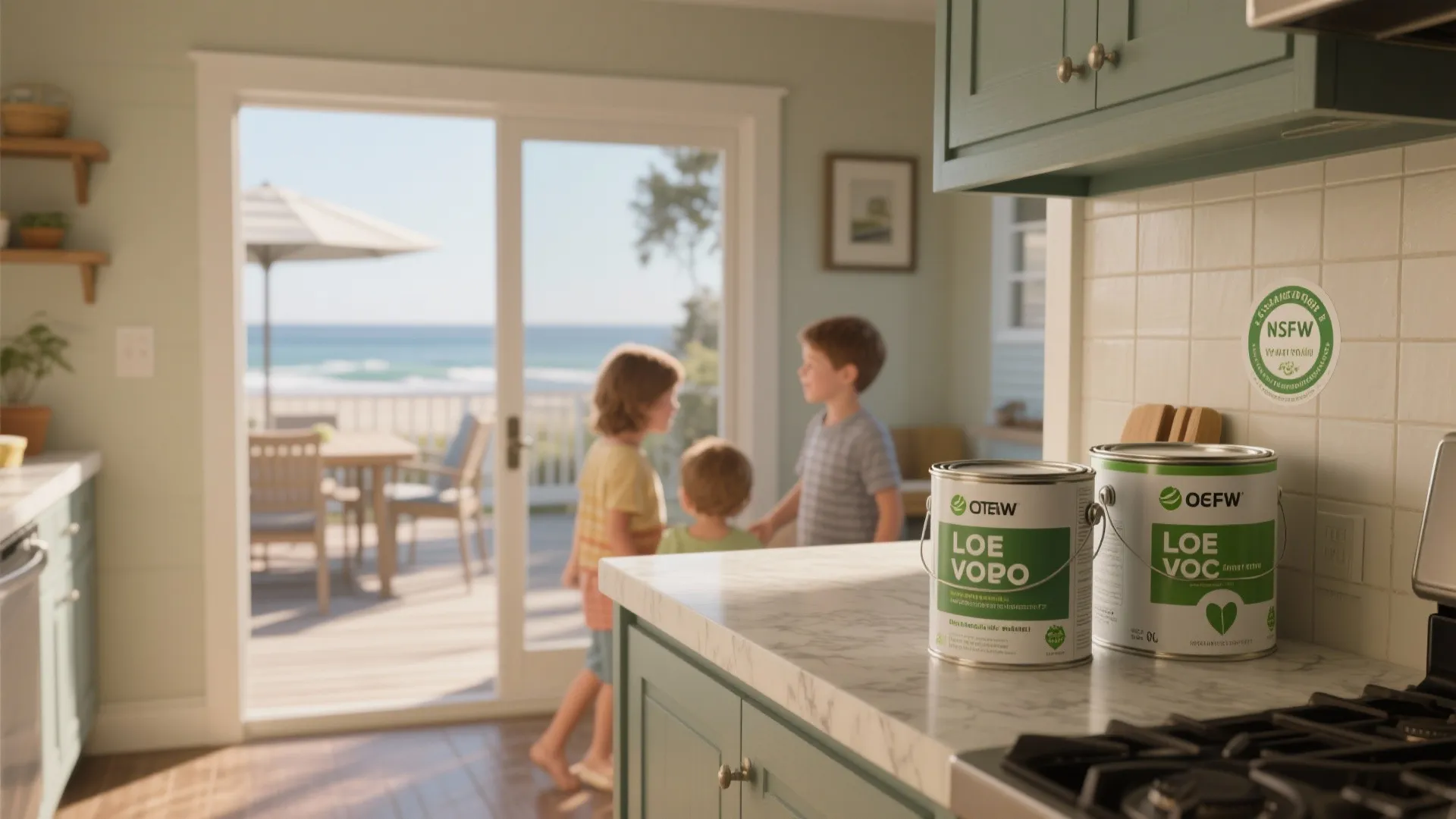 Kitchen interior with low-VOC paint cans on the counter and a durable painted exterior visible through the patio door.