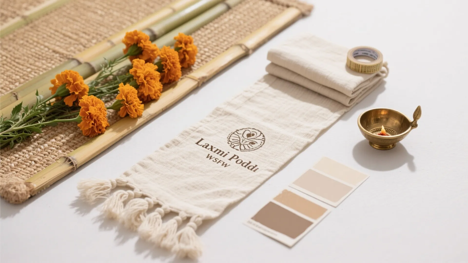 Table with bamboo stalks orange flowers cotton fabric paint color samples and a small brass bowl