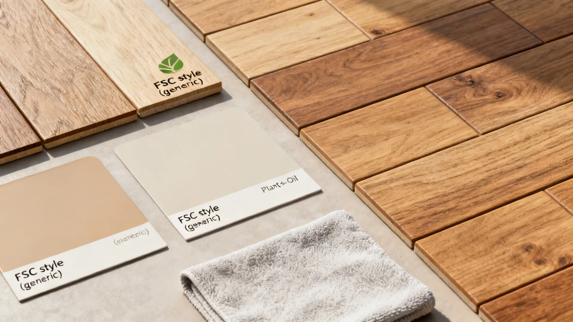 Flat lay of engineered wood tiles, matte oil finish swatches, and neutral paint chips.