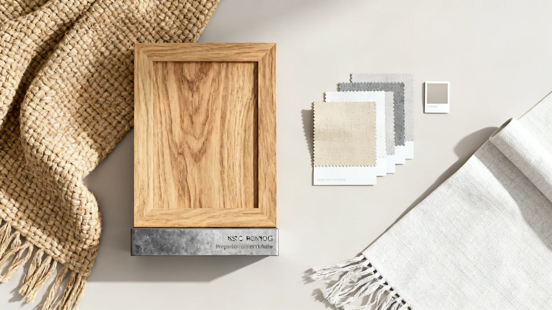 Flatlay of eco-friendly swivel chair materials: FSC wood, recycled metal base, and low-VOC fabric swatches.