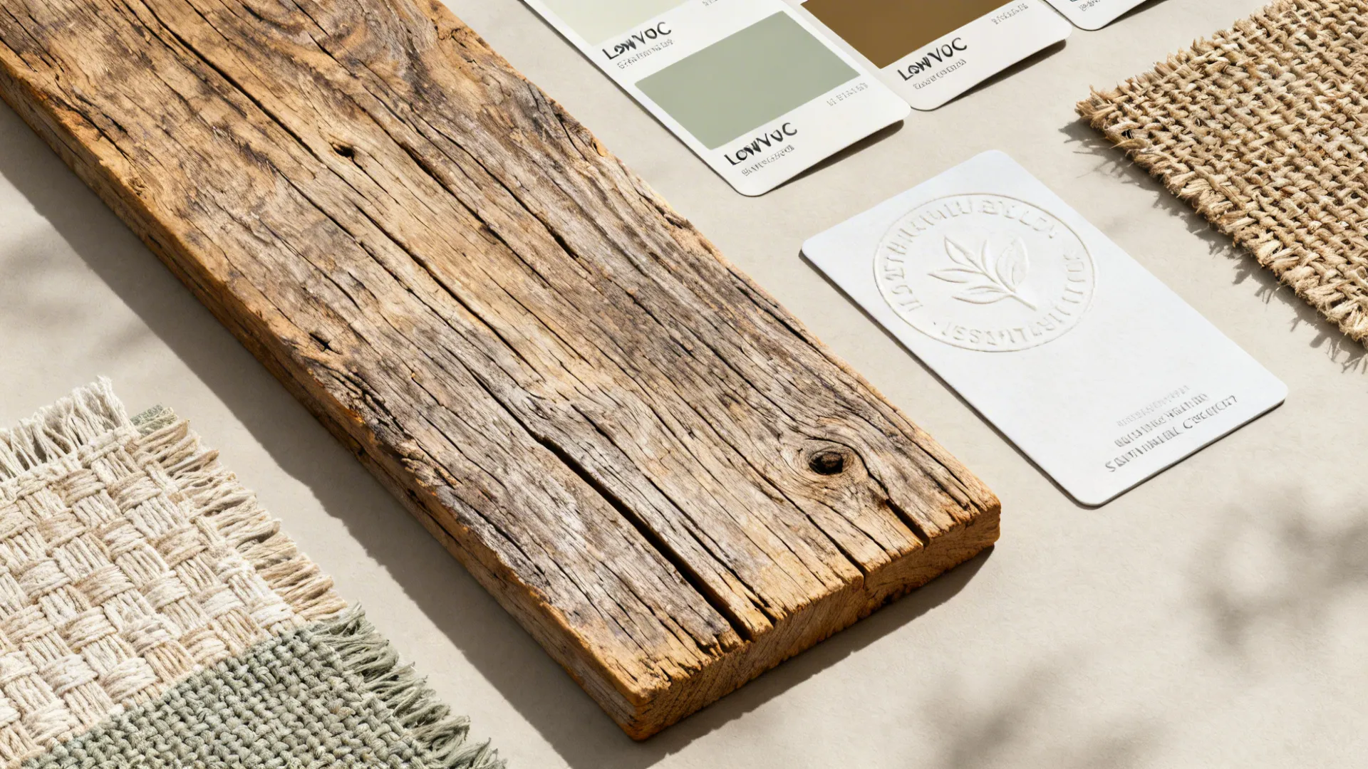 Flatlay of reclaimed wood, low-VOC paint swatches, and organic textiles for sustainable modern rustic design.
